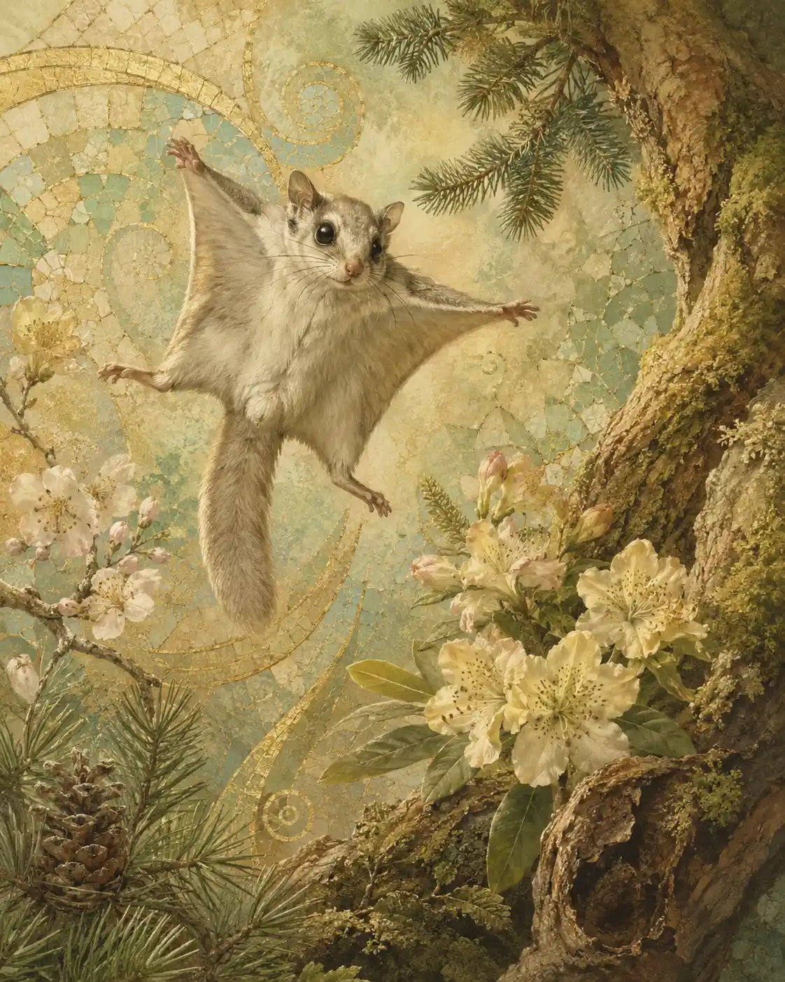 Flying squirrel in a dreamy forest moodboard illustration
