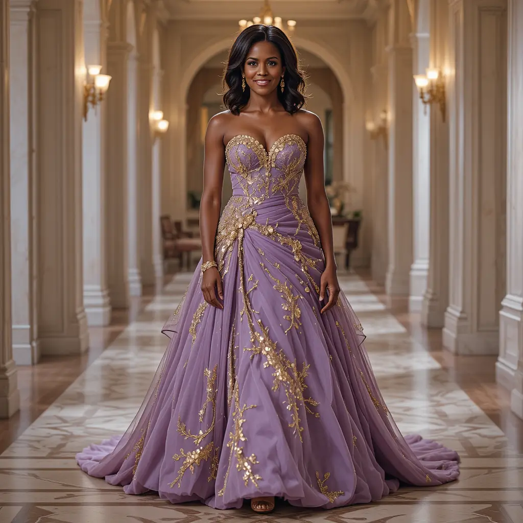Elegant woman in lavender ballroom gown in hotel hall