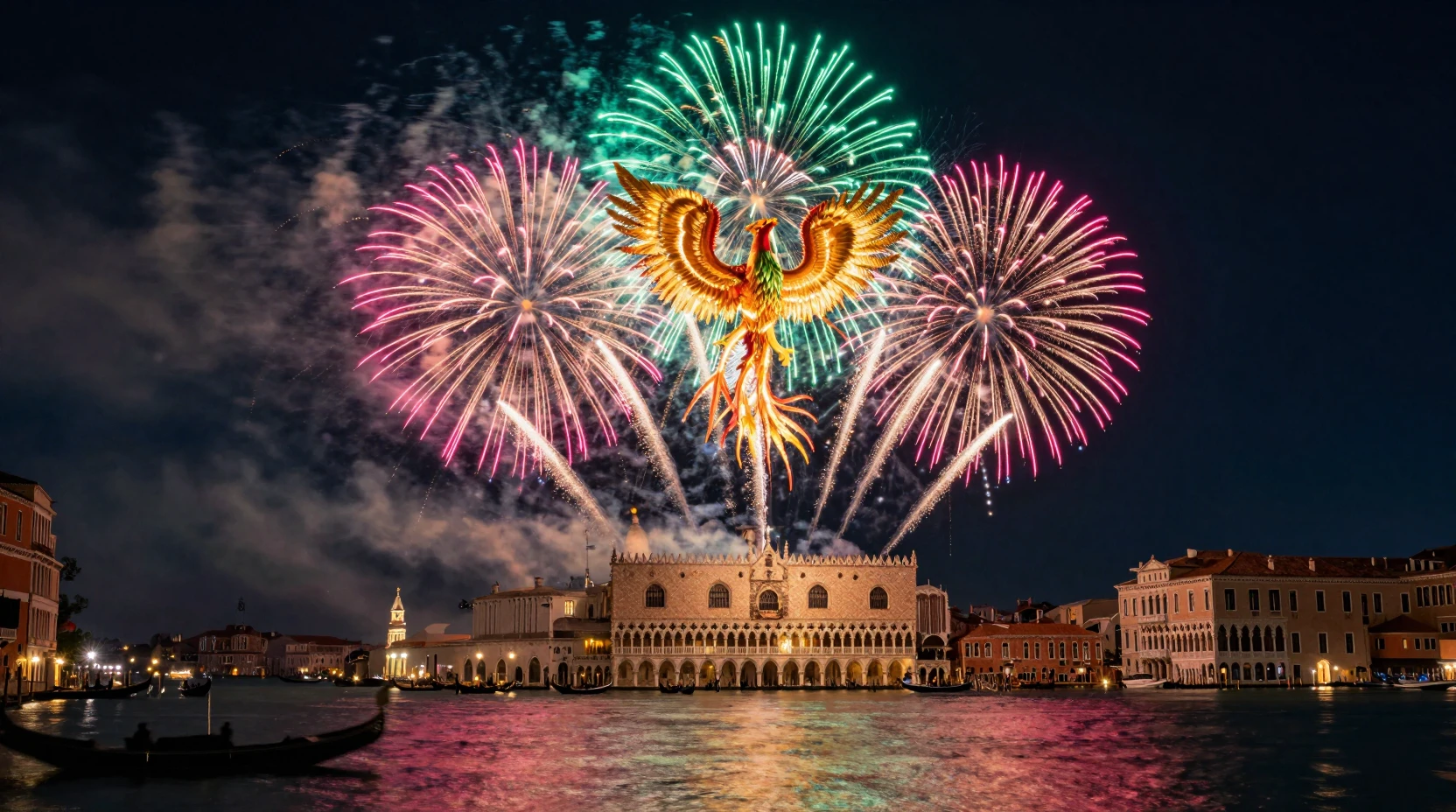Fireworks Over The Historic Venice Waterfront At Night