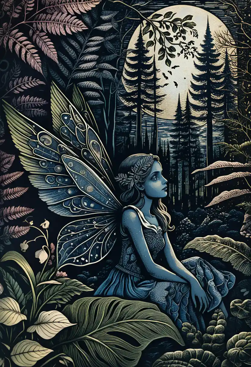 Blue fairy emerging in a moonlit enchanted forest linocut