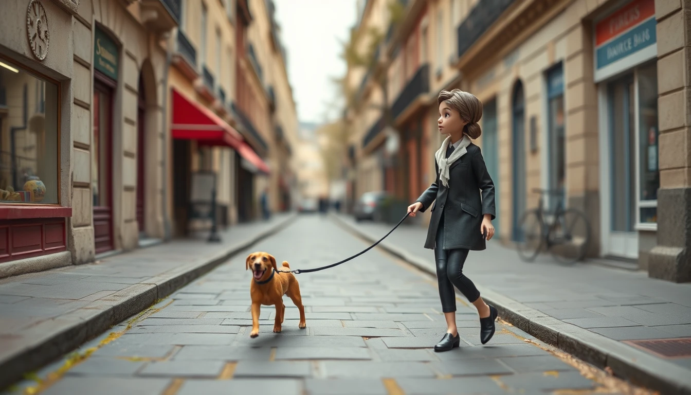 Woman walking her dog along a Paris city street