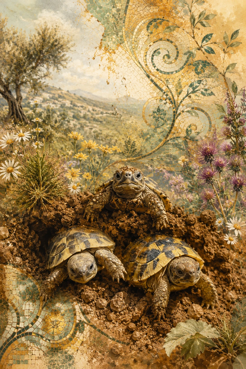 Baby tortoises emerging from the earth in a Greek landscape