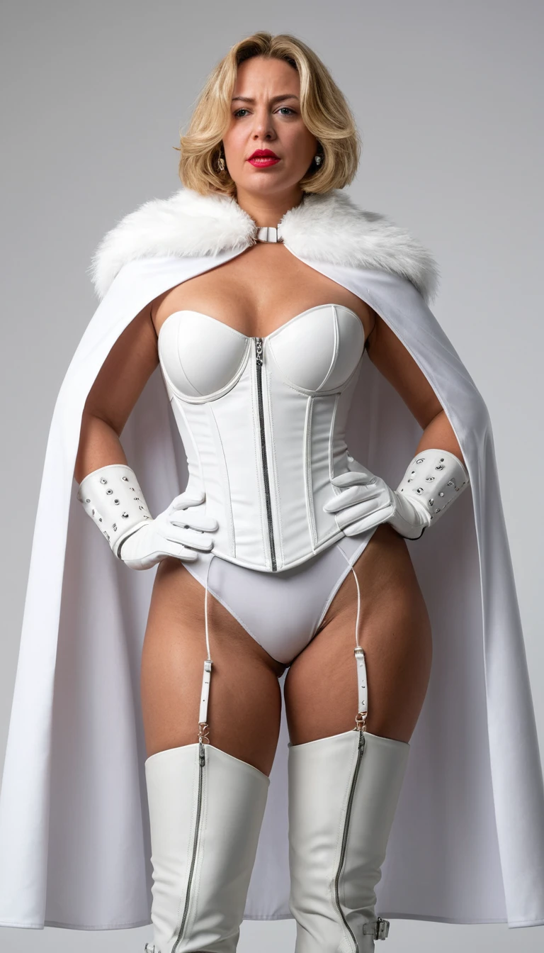 Low angle portrait of woman in white corset and boots