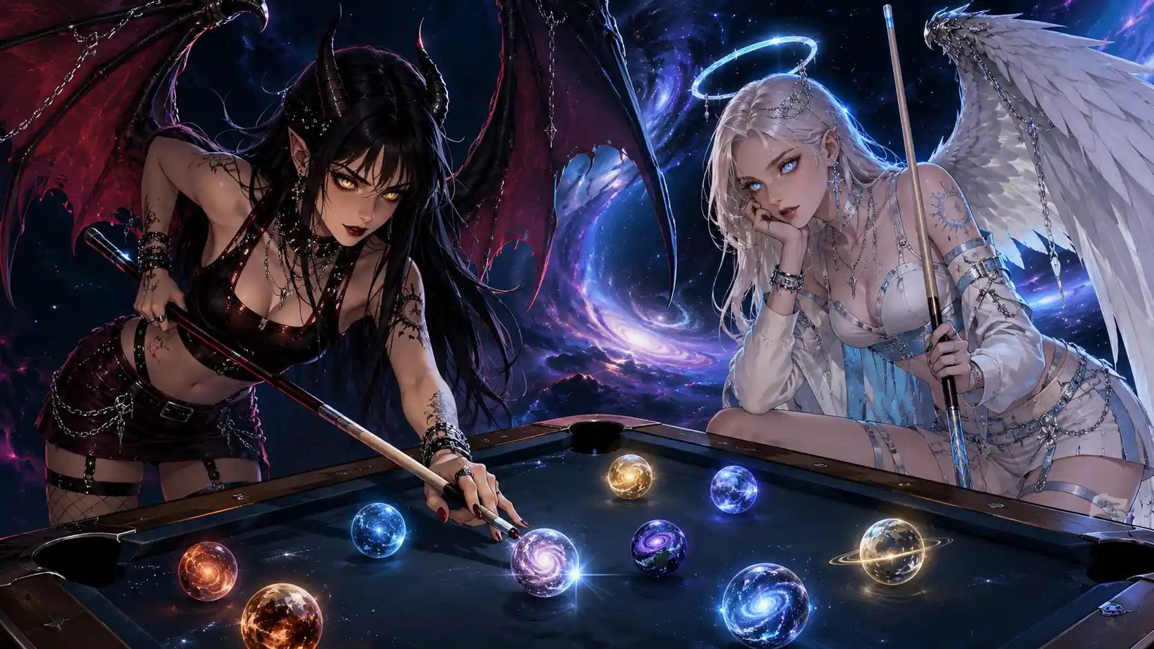Modern demon woman playing pool in cosmic space
