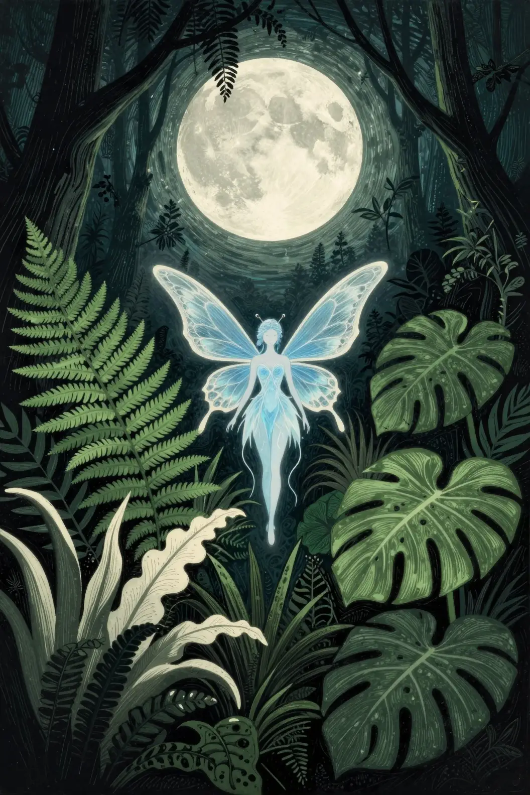 Hada Azul en Bosque a la Luz de la Luna con Estilo de Linograbado Audaz