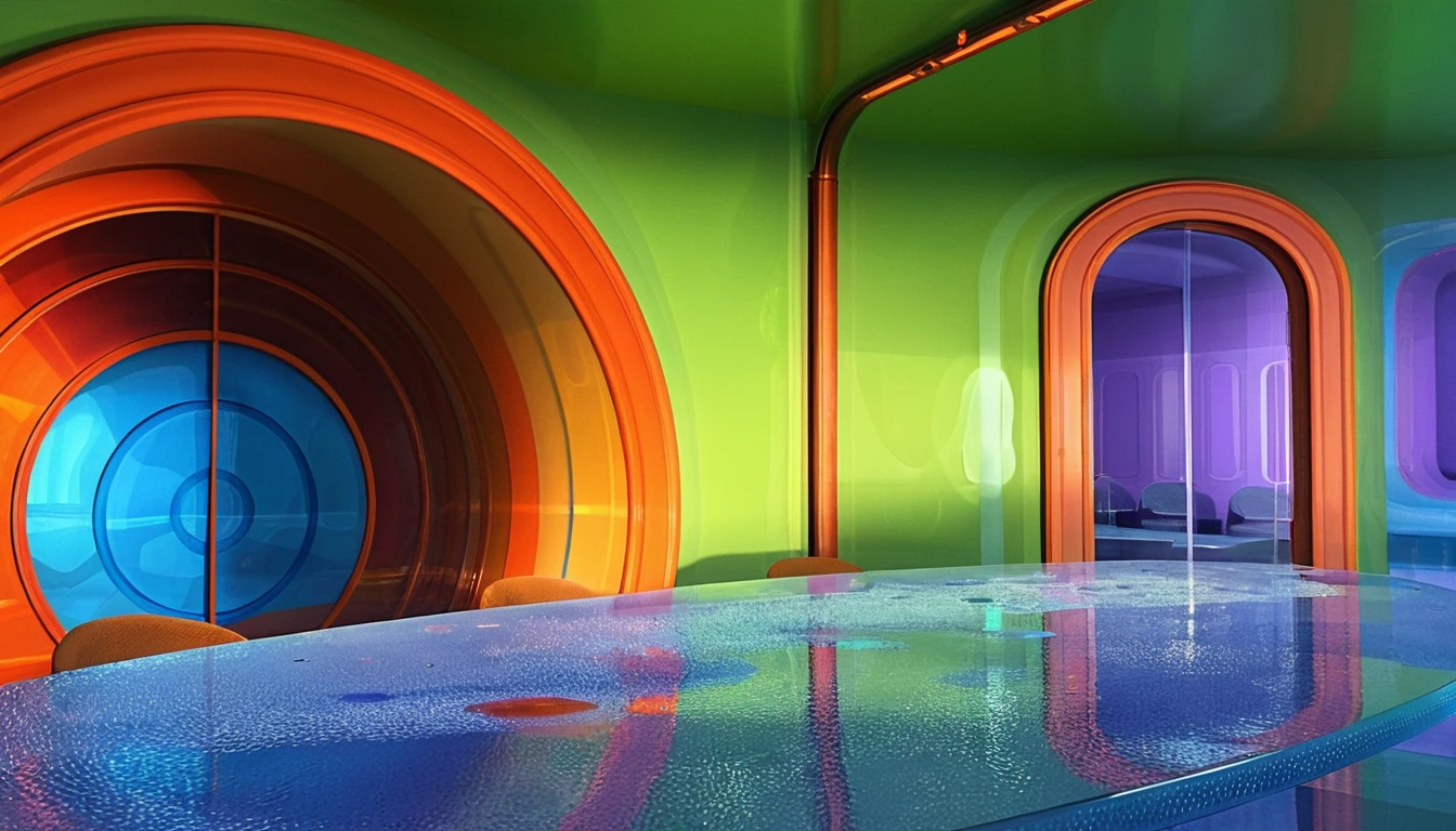 Retro futuristic room with pearlescent table and bold colors