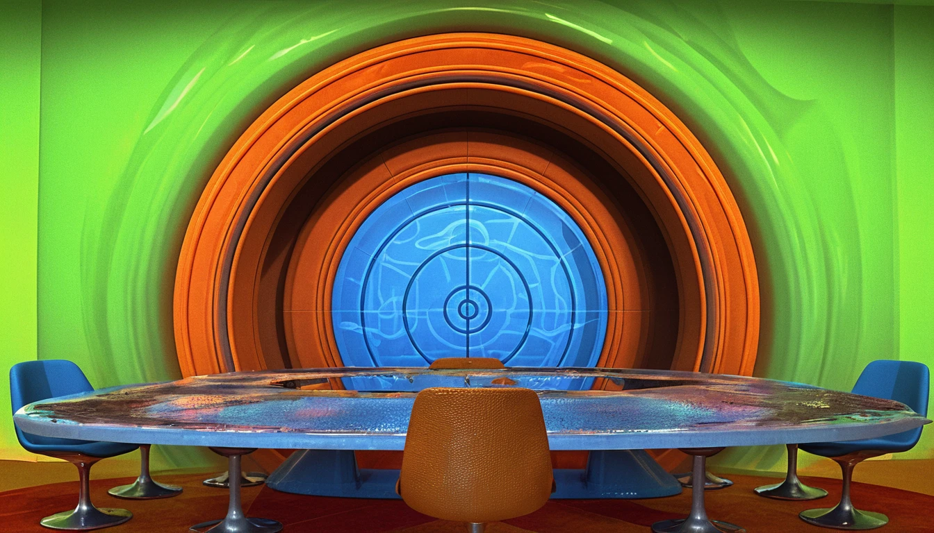 Retro futuristic tv studio with blue table and orange chairs