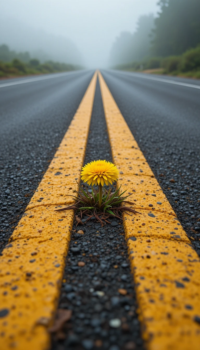 Yellow dandelion growing through asphalt on an empty road
