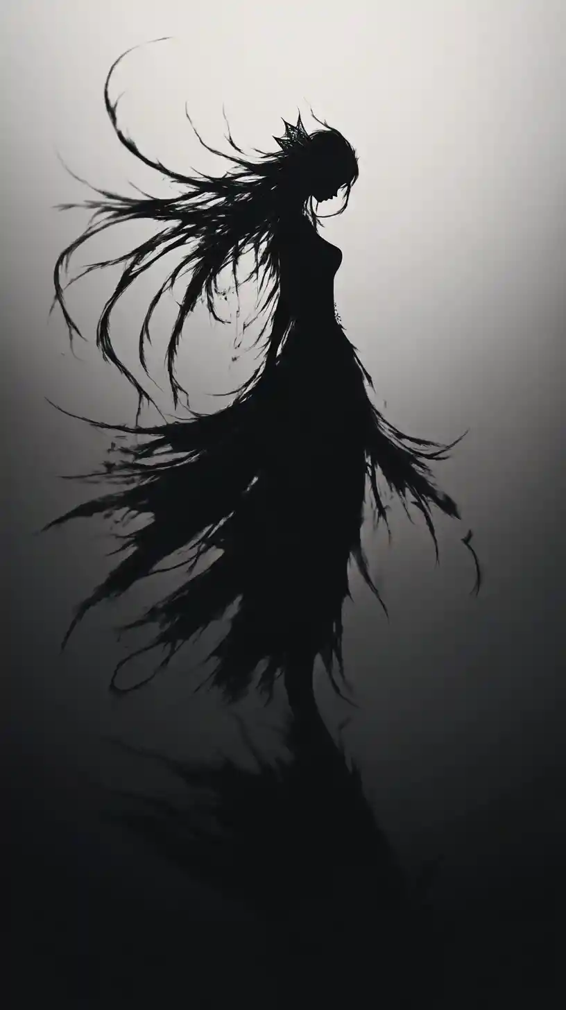 Gothic anime fairy poised in deep blackness