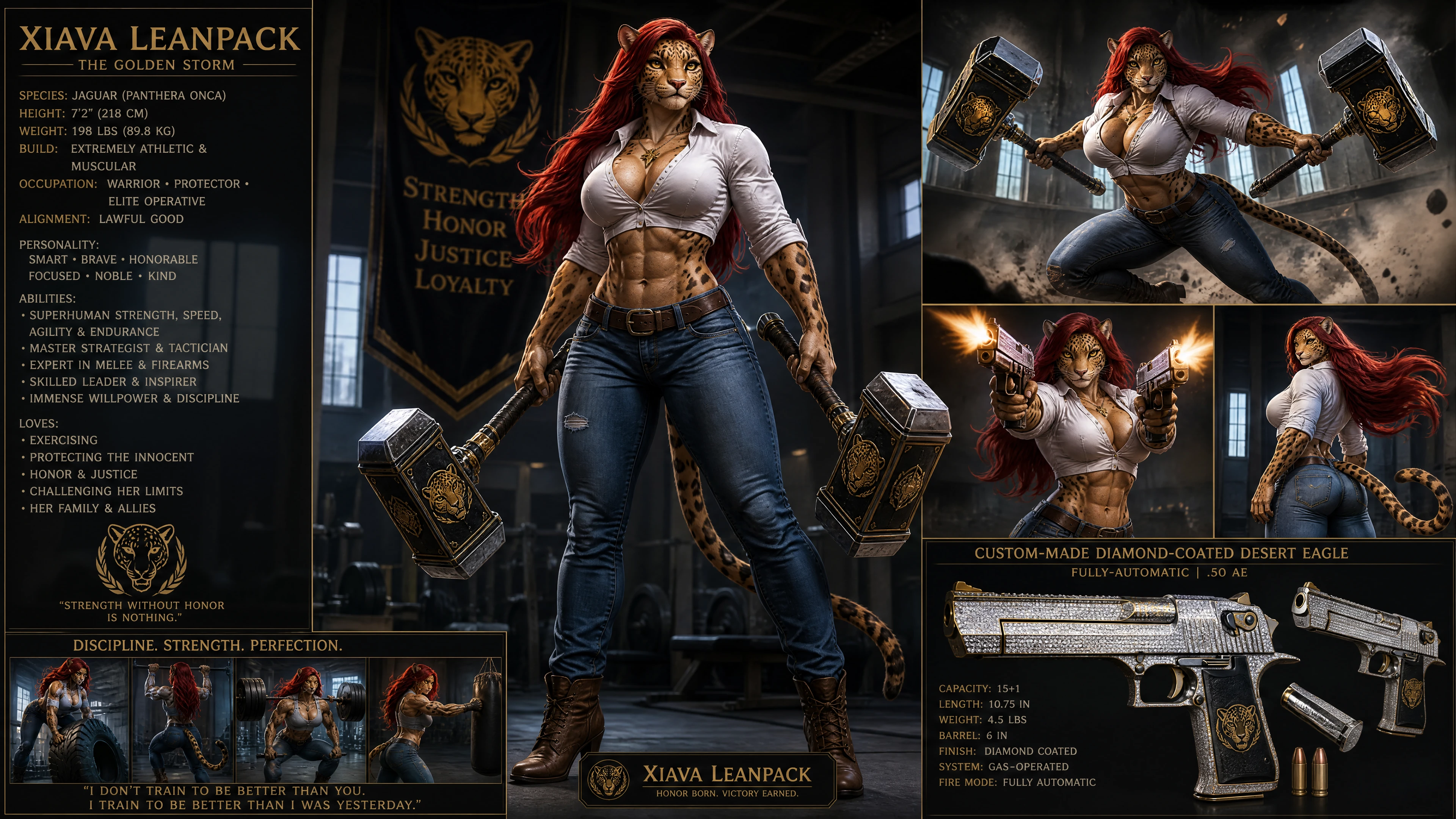 Tall jaguar warrior woman with red hair and battle hammers