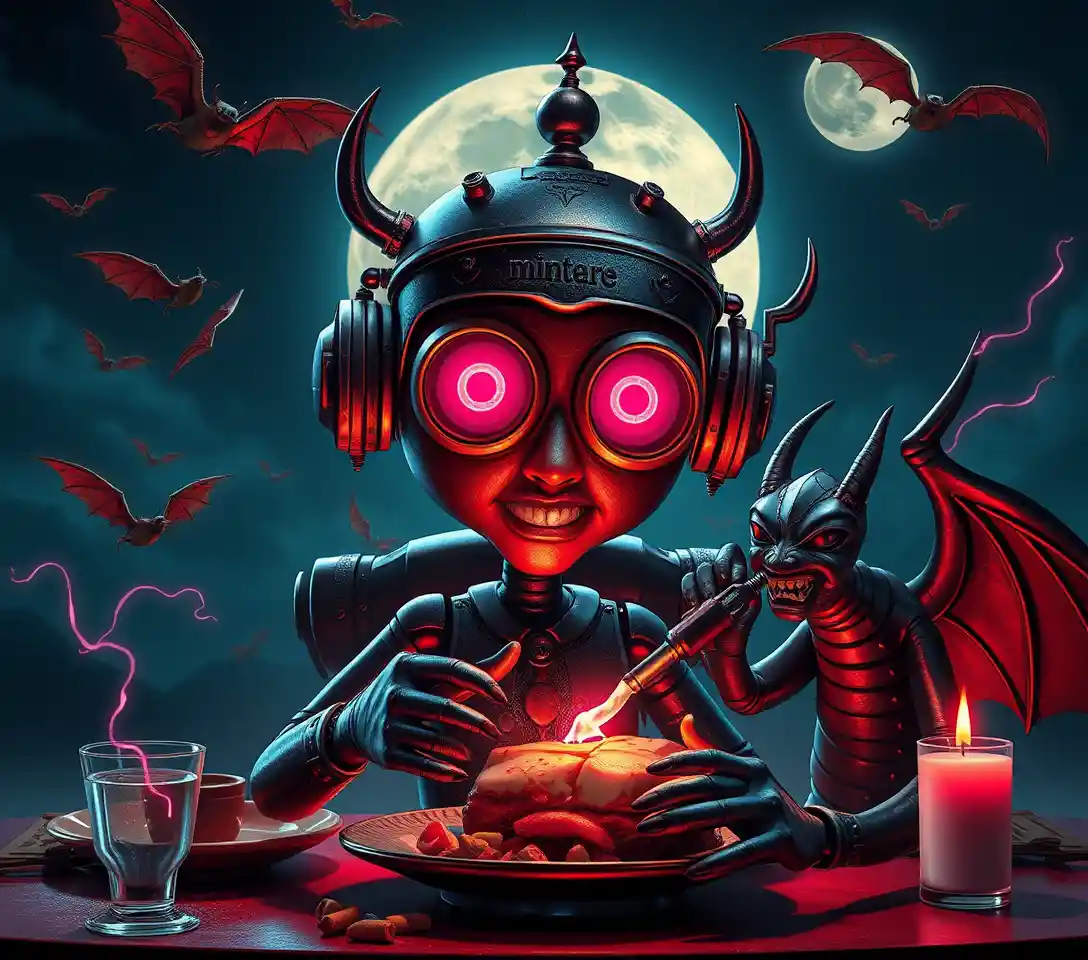 Blindfolded chrome machine head under a dark lunar sky