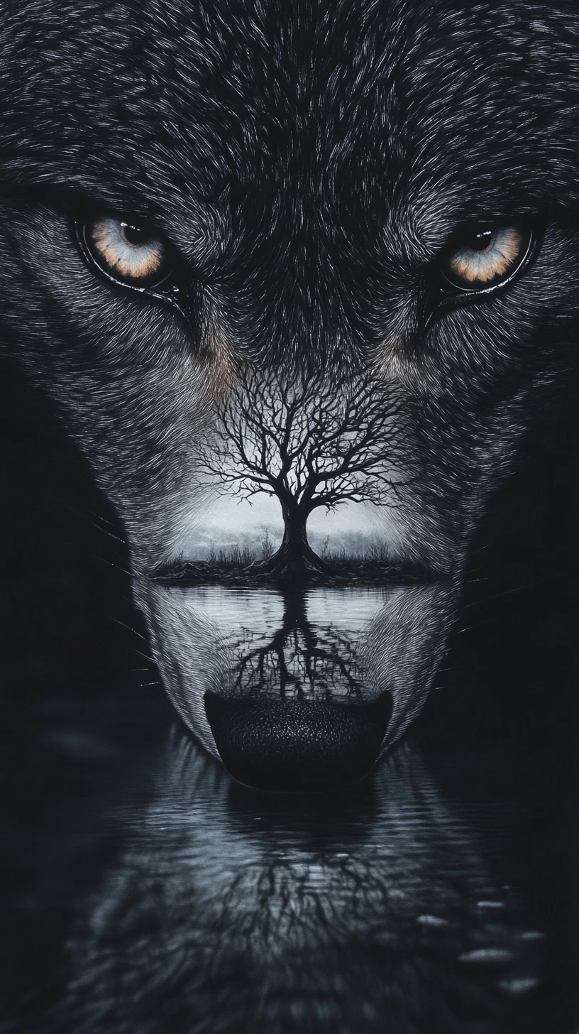 Surreal close up wolf face merging with reflective landscape