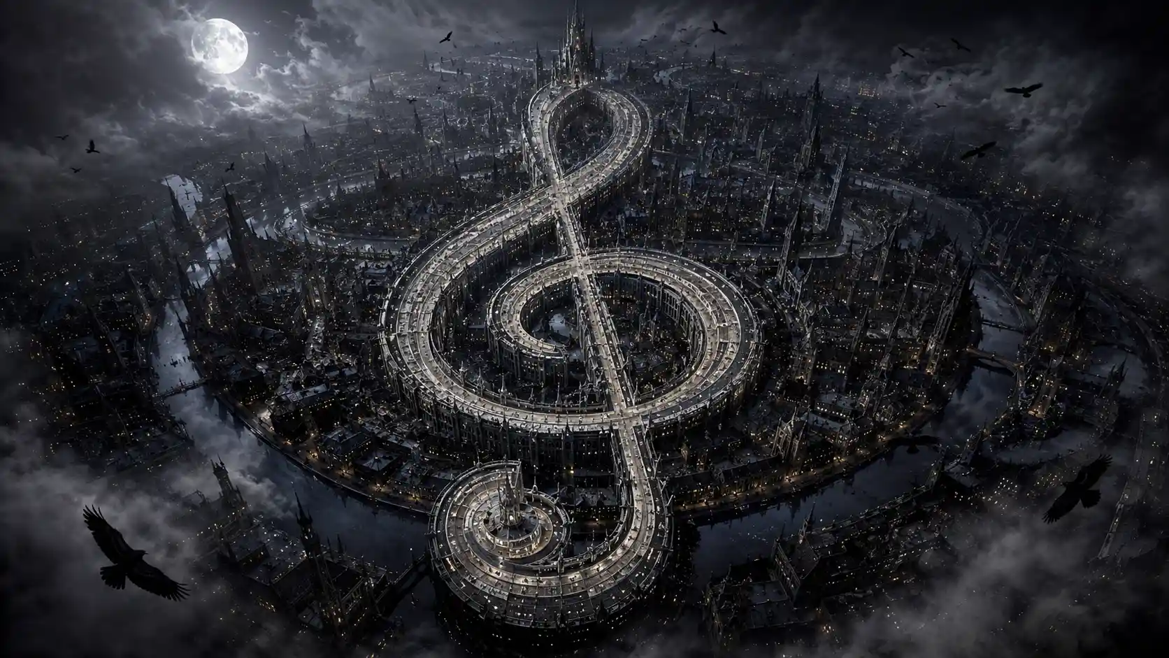 Gothic Metropolis Forming A Treble Clef From Above