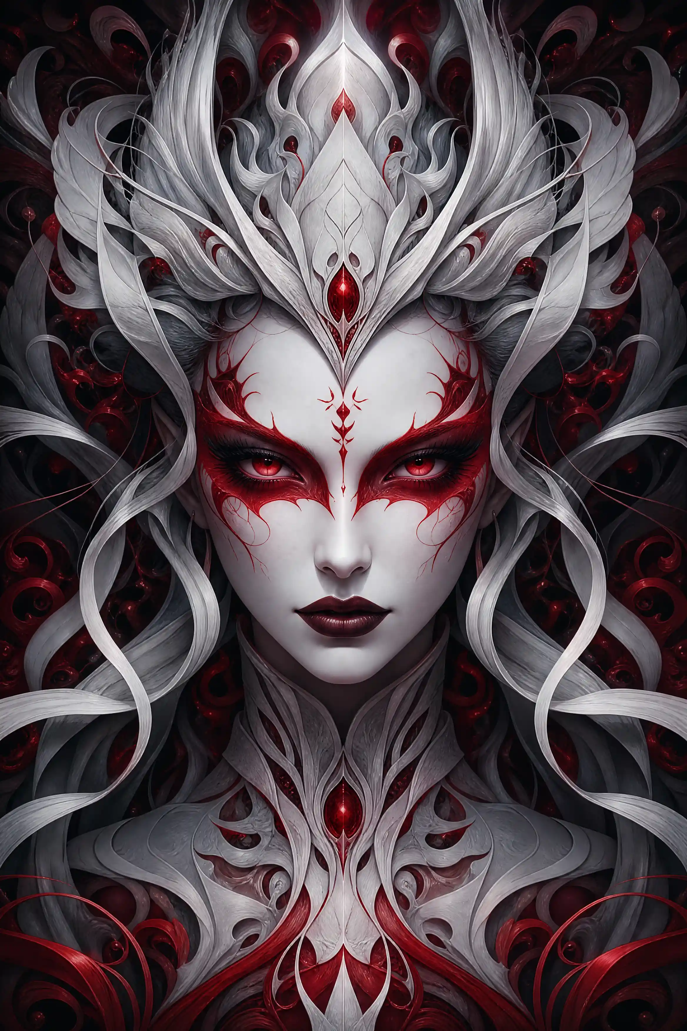 Symmetrical fantasy woman with red mask like face paint