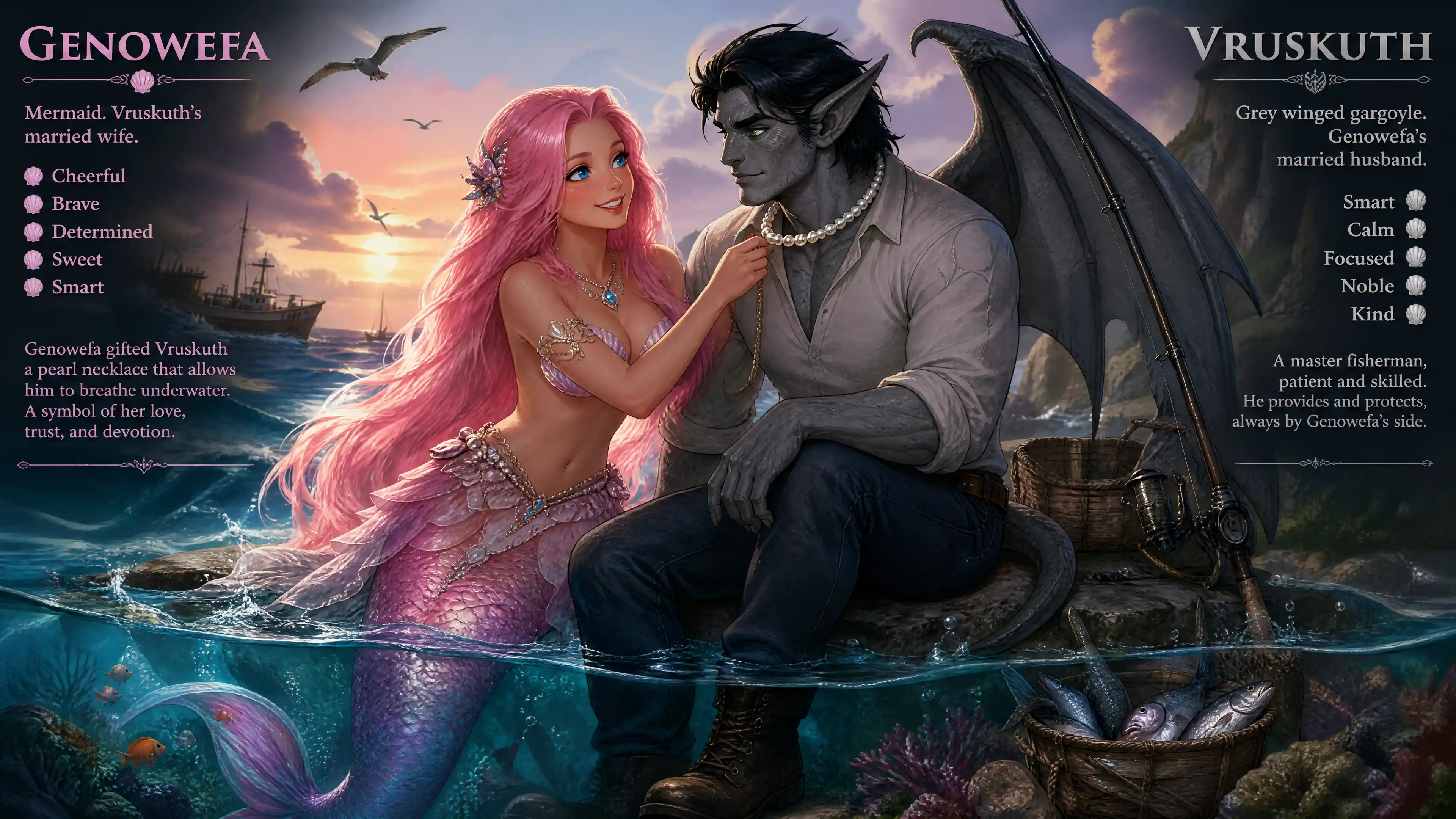 Cheerful pink haired mermaid with shell bra underwater