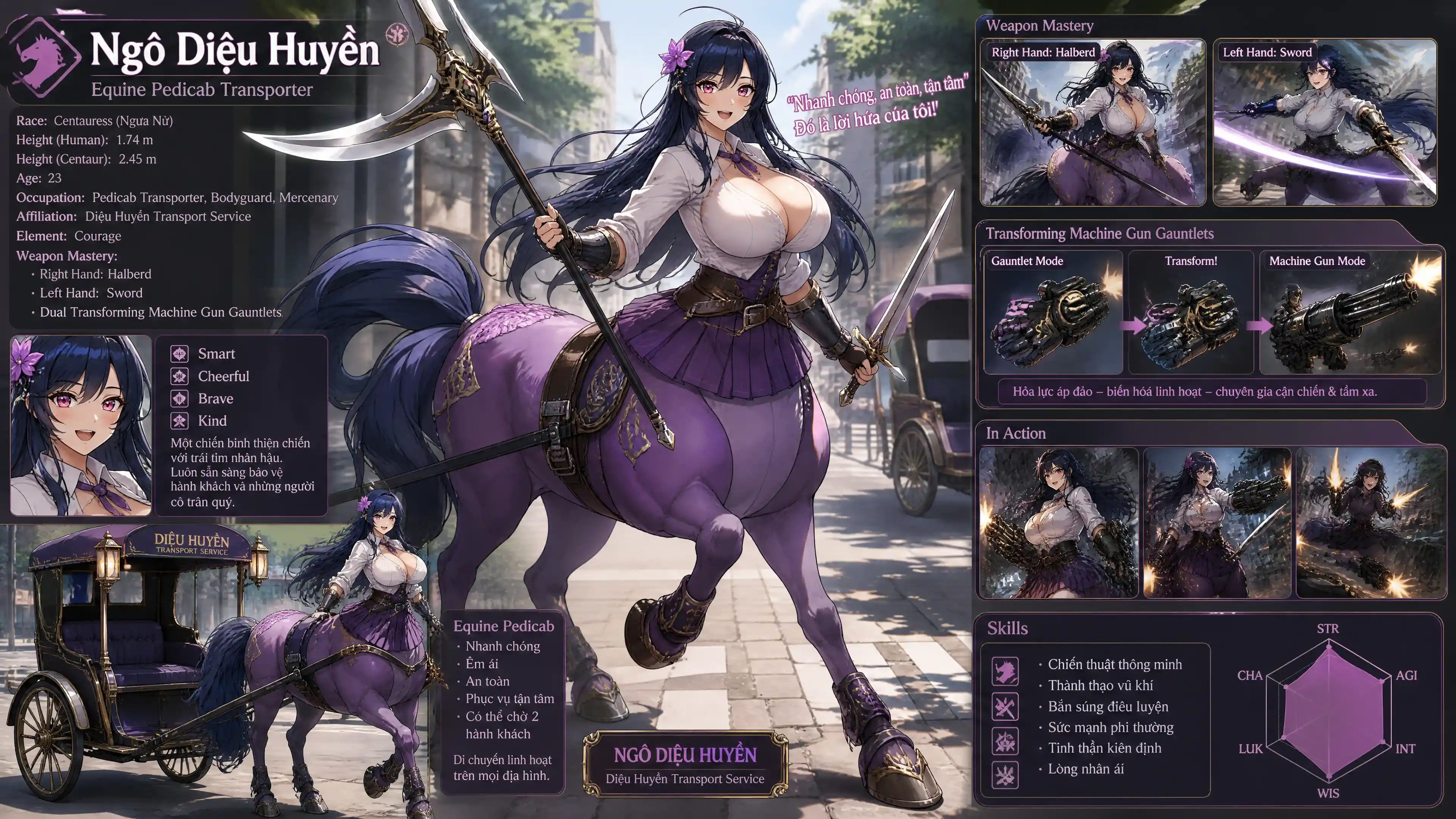 Cheerful Vietnamese centaur woman warrior with weapons drawn