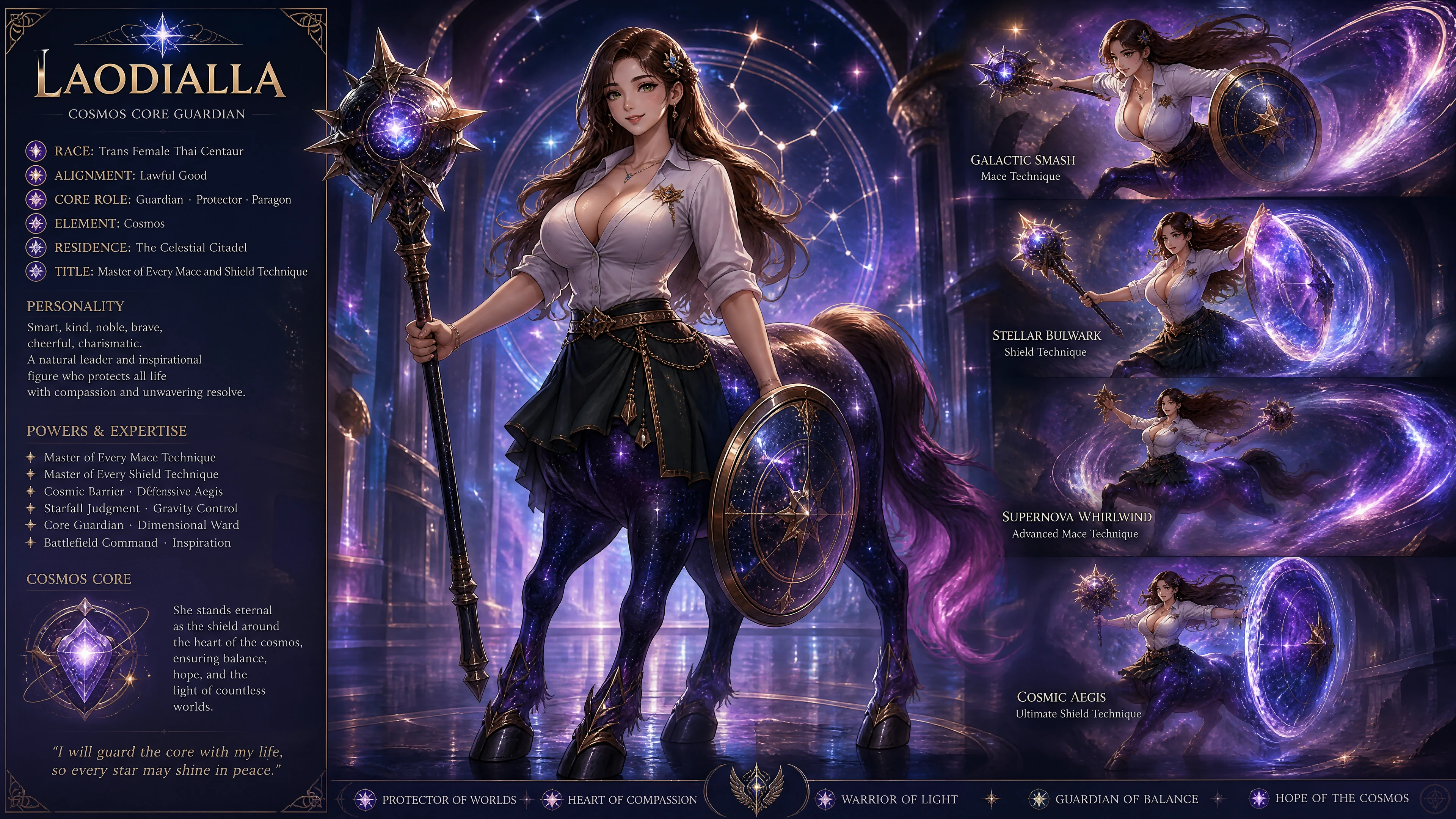 Cheerful fantasy centaur woman with cosmos equine body