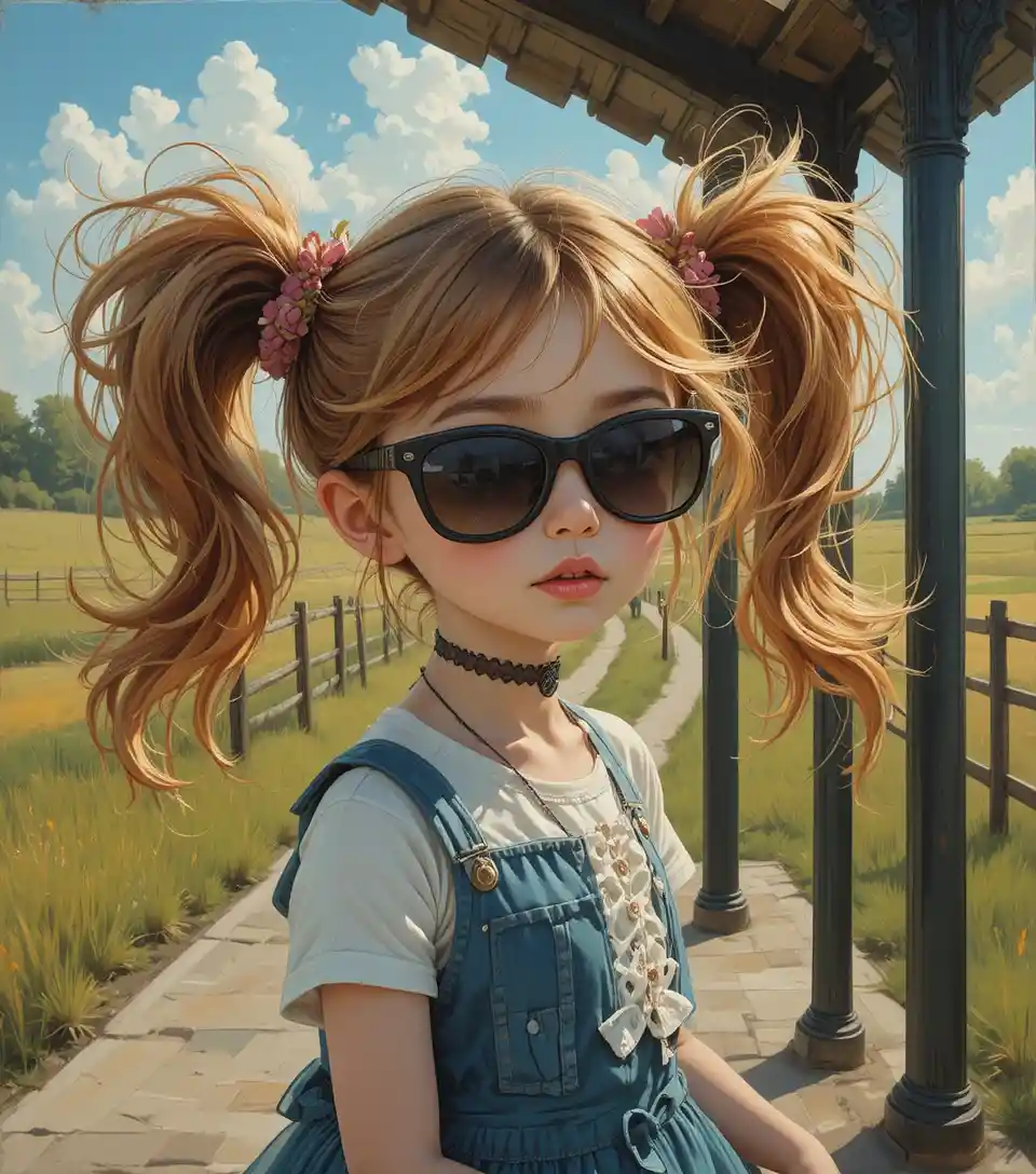 Whimsical girl at rural bus stop in oil painting