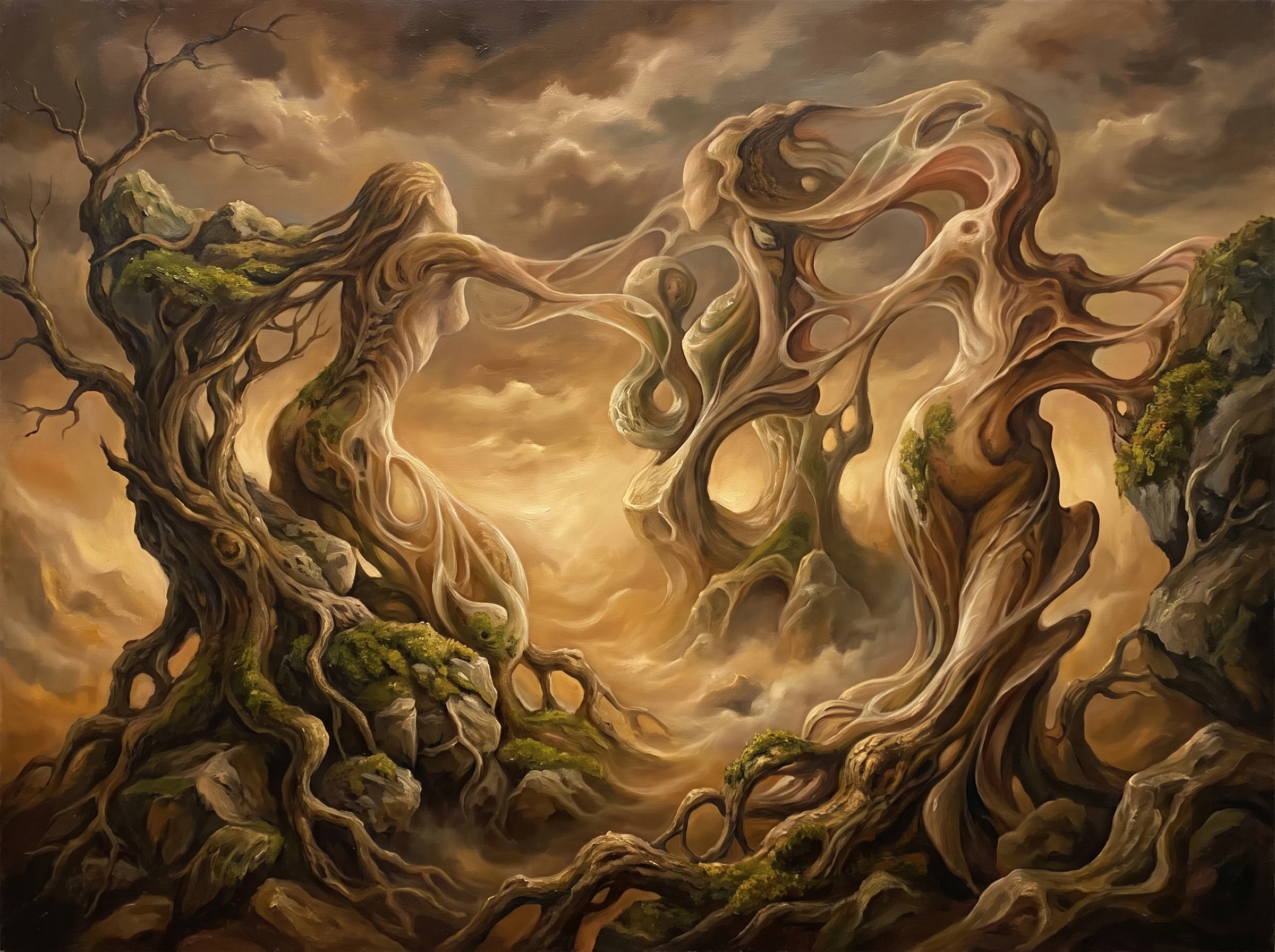 Surreal giant female figures in a misty organic landscape