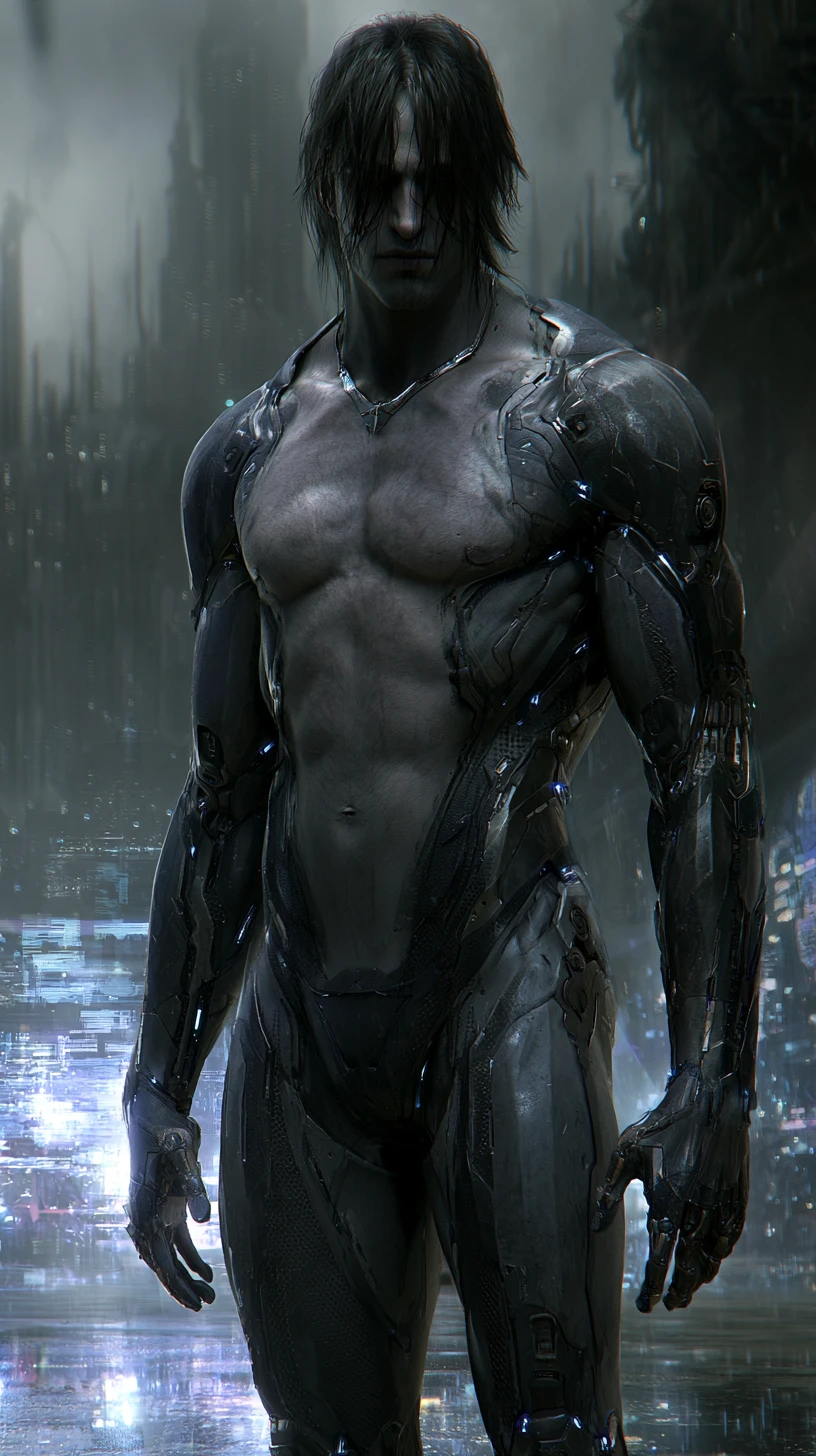 Full body portrait of a young sci fi city warrior