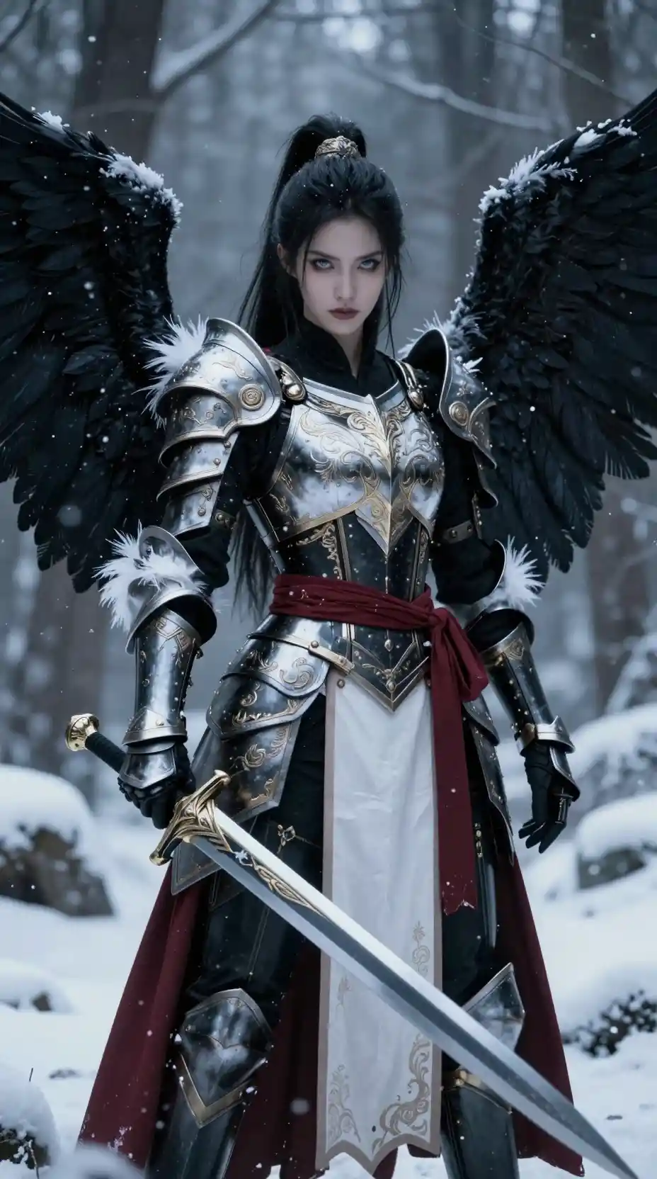 Fierce angelic warrior woman in a snowy forest