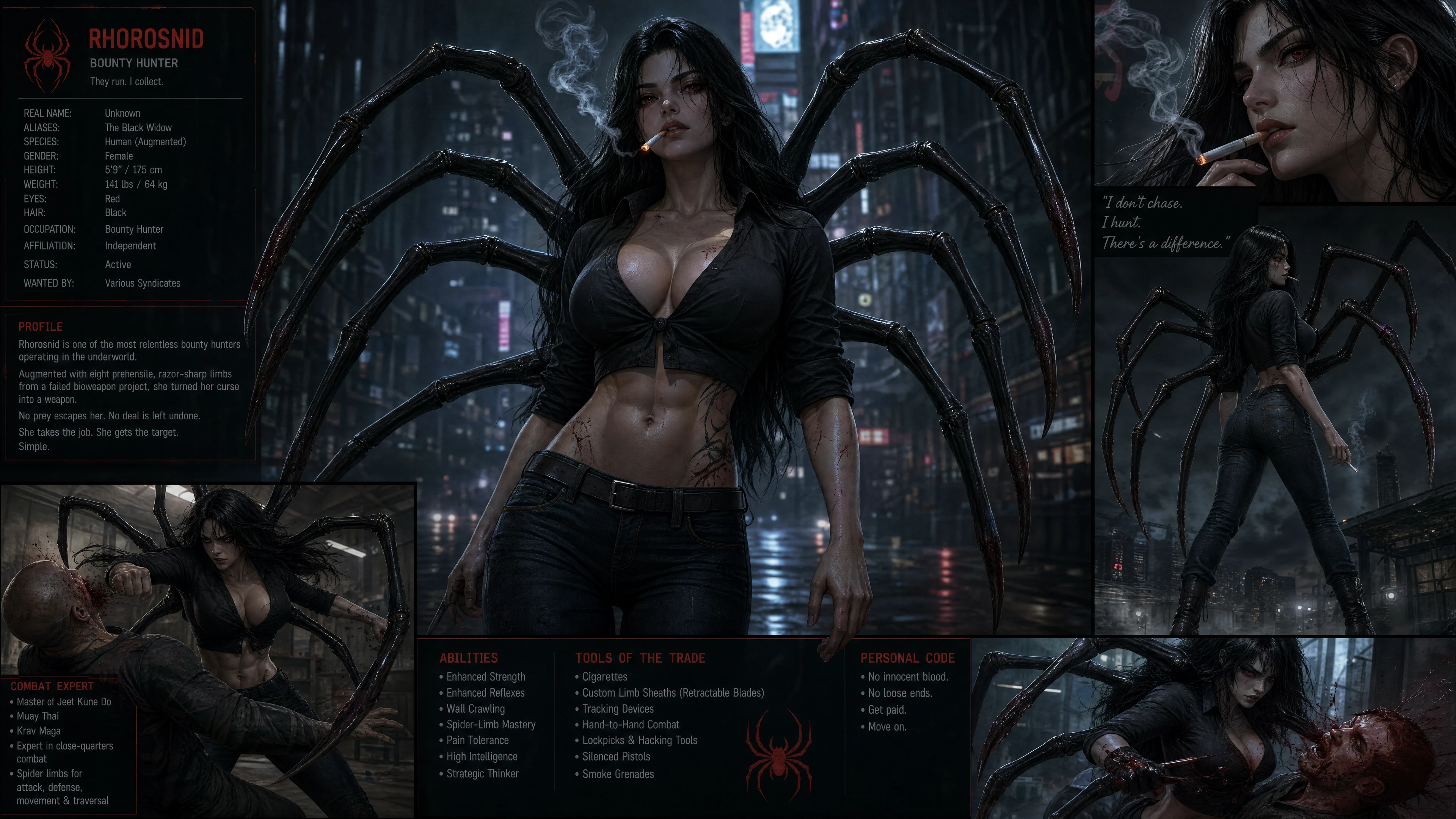 Spider limbed warrior woman in casual clothes smoking