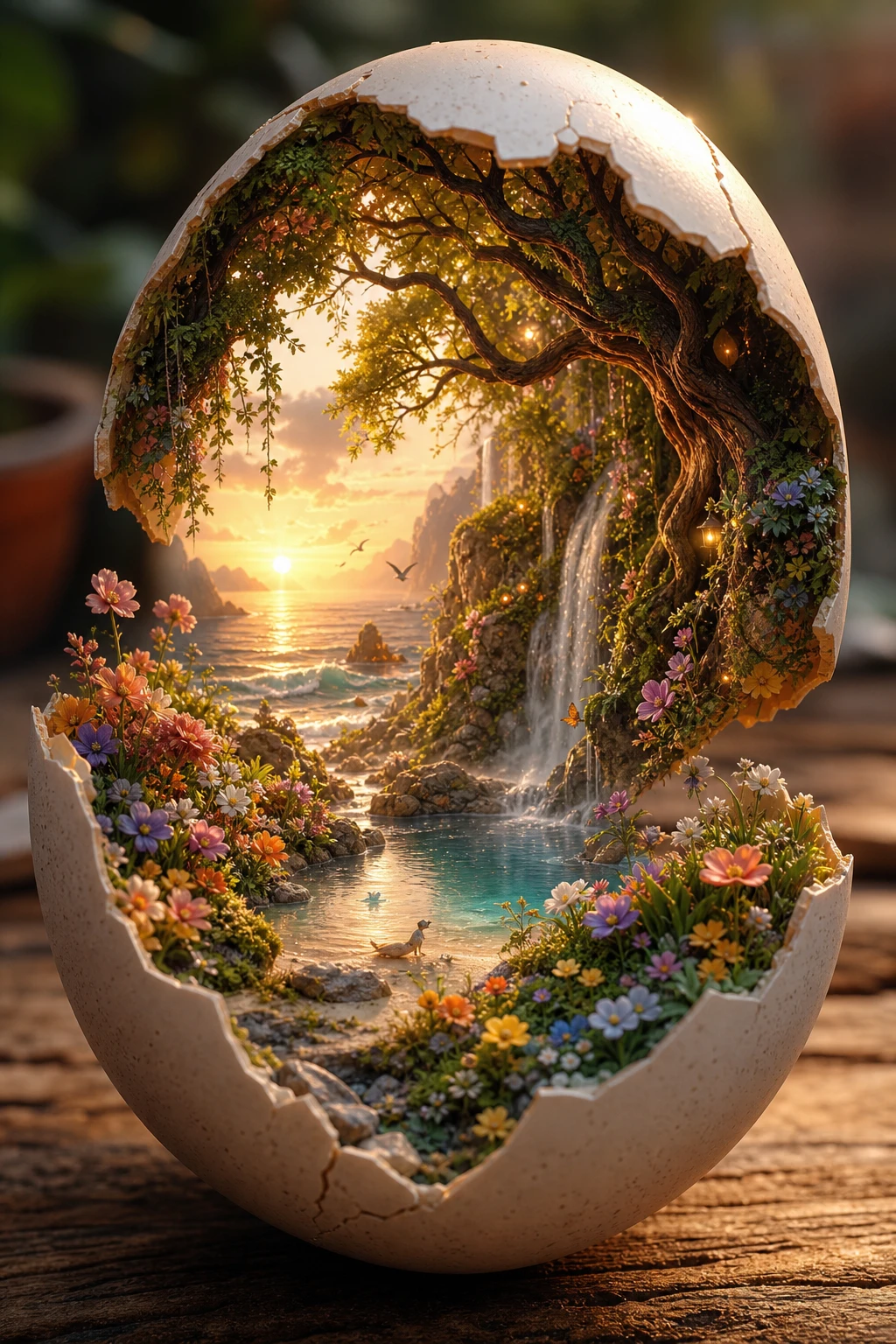 Cáscara de huevo rota que revela un sereno paisaje de fantasía en miniatura