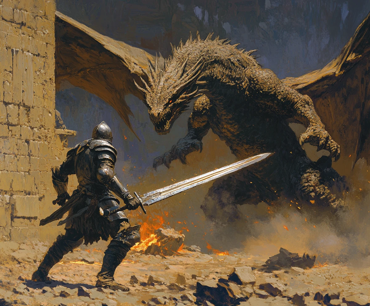 Medieval knight facing a massive dragon at dusk