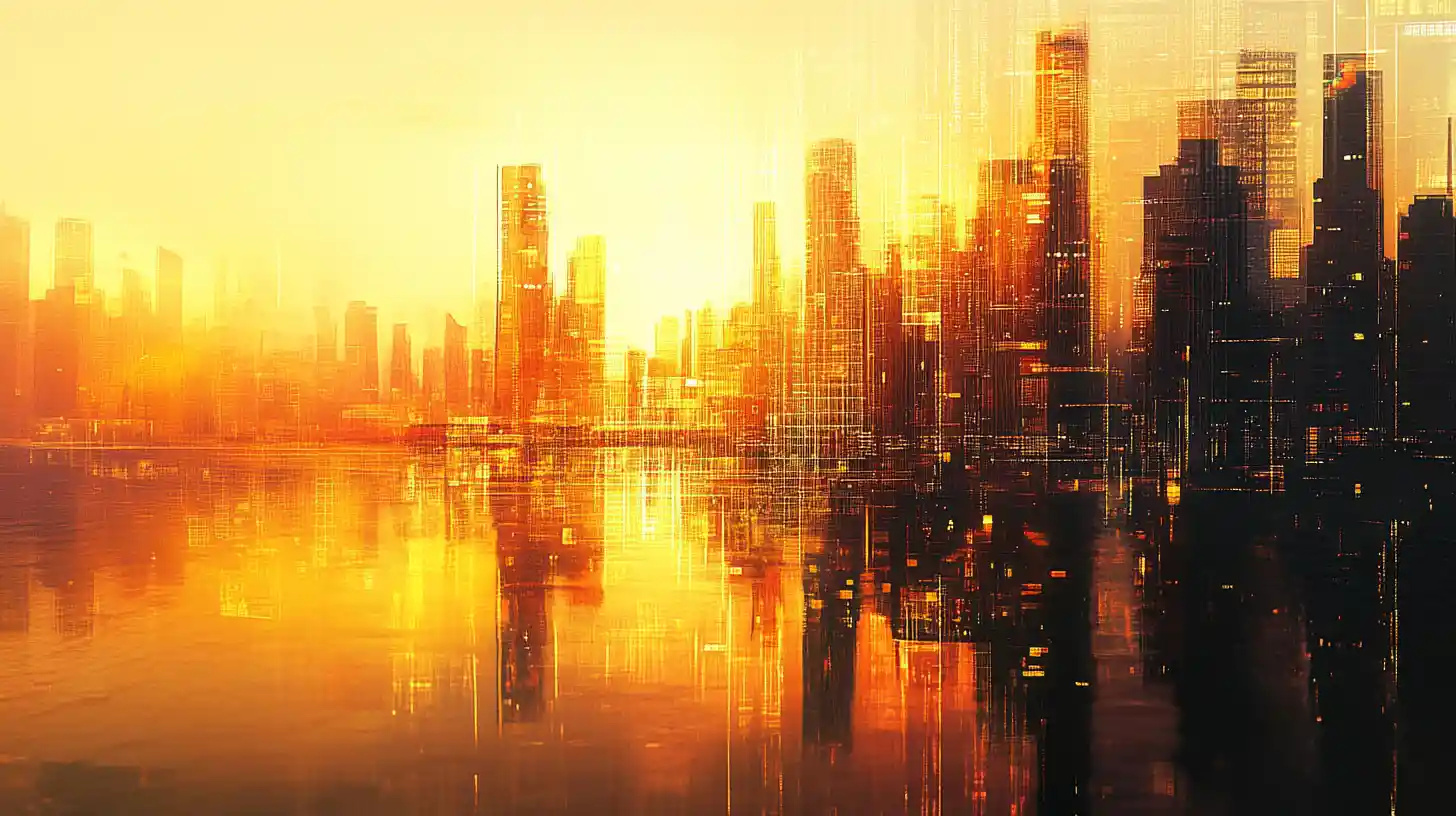 Città surreale all’ora d’oro che si dissolve in luce liquida astratta
