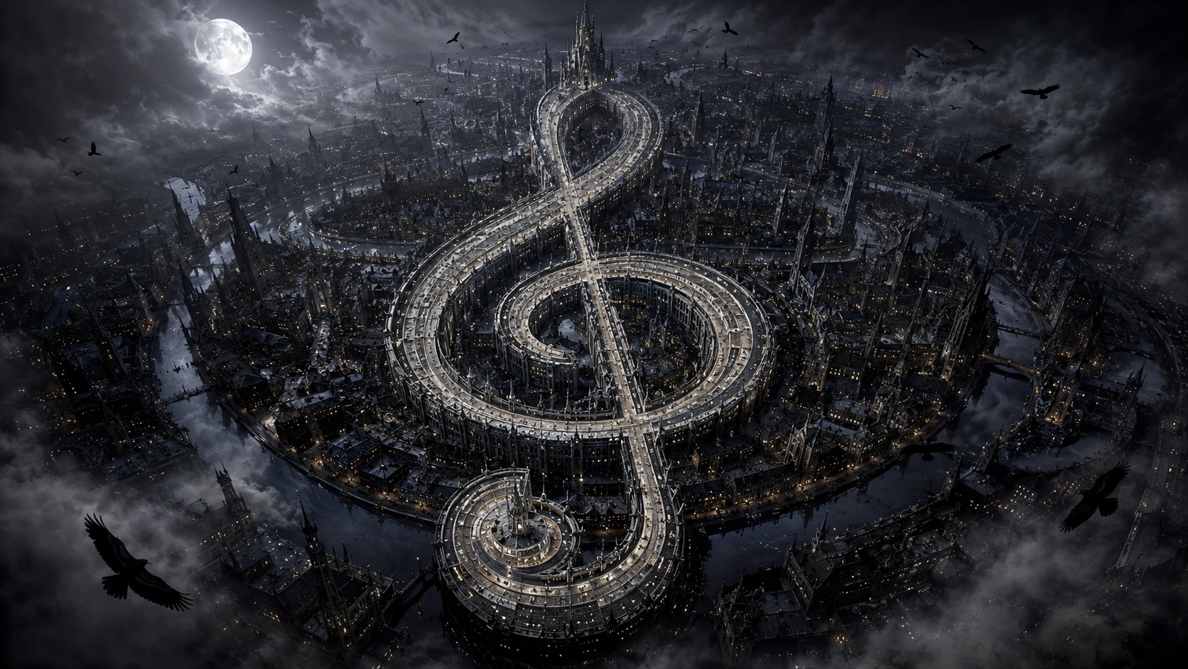 Gothic Metropolis Forming A Treble Clef From Above