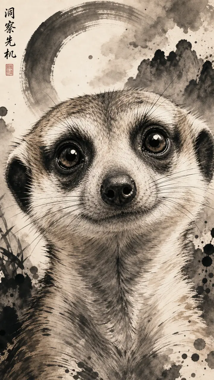Ritratto a inchiostro di un adorabile suricato con occhi curiosi ed espressivi