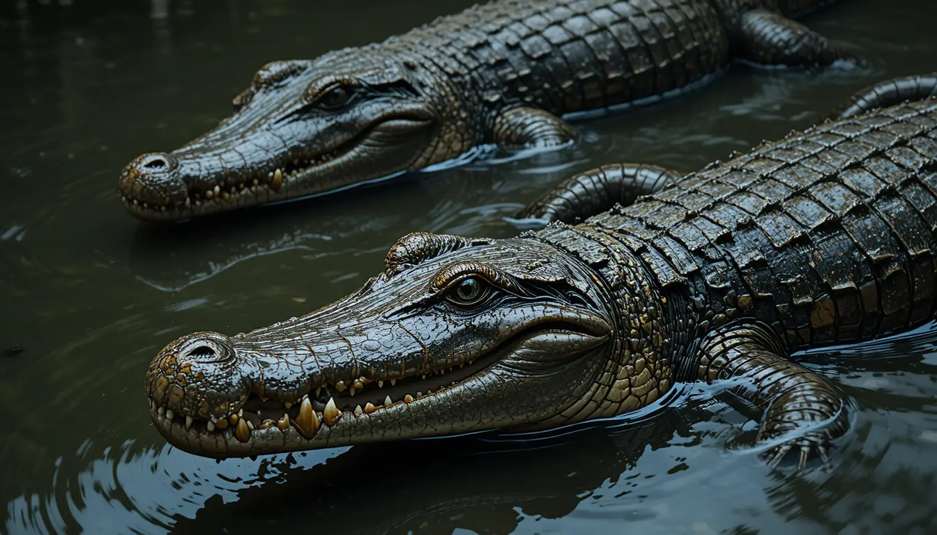 Zwei Krokodile stehen sich im trüben Flachwasser gegenüber