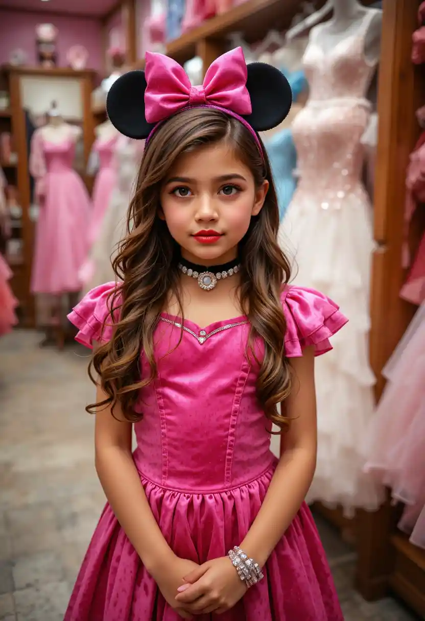 Nervous young boy in pink Minnie dress posing in shop