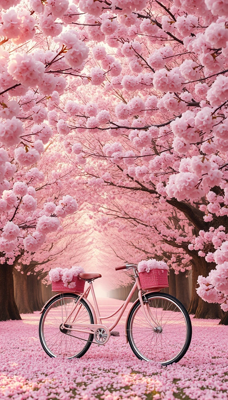 粉紅花海下的櫻花大道與復古腳踏車