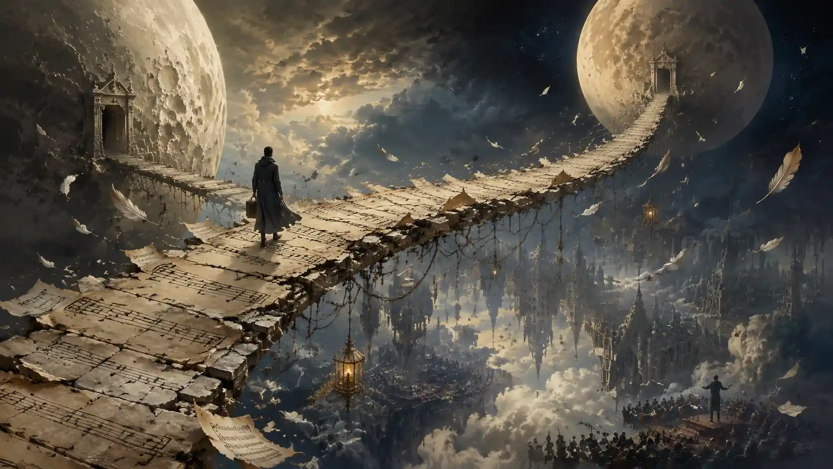 Lone traveler crossing surreal bridge between two moons