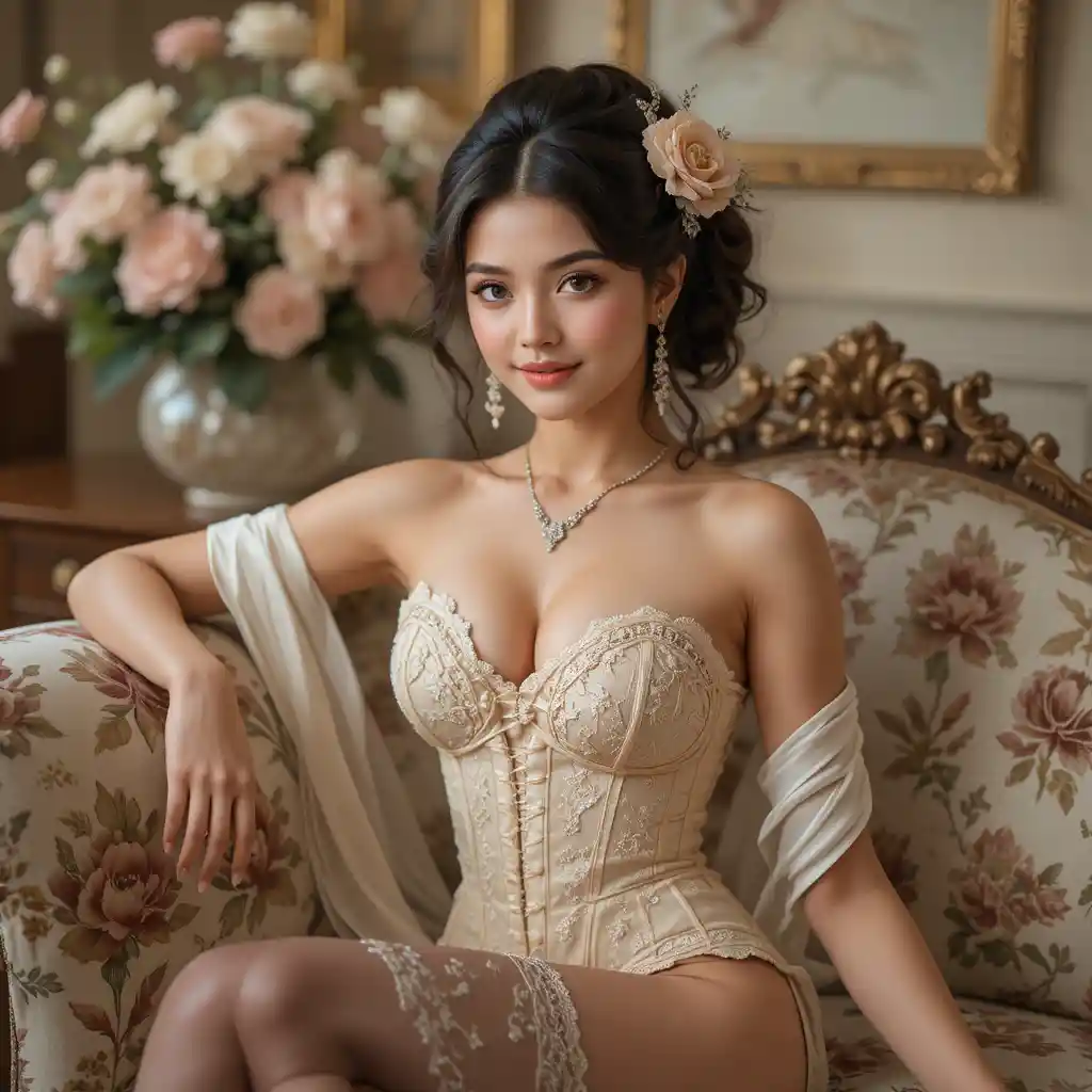 Elegant woman in lace lingerie on vintage floral sofa