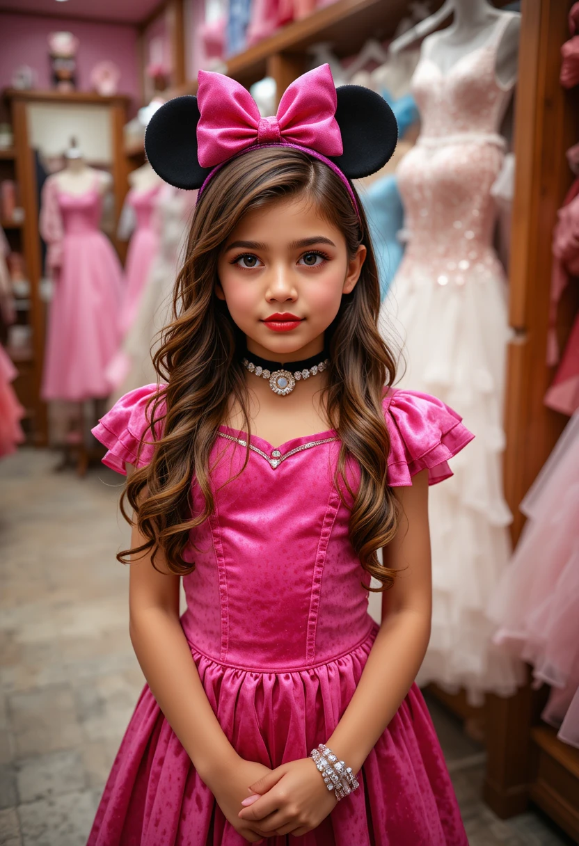 Nervous young boy in pink Minnie dress posing in shop