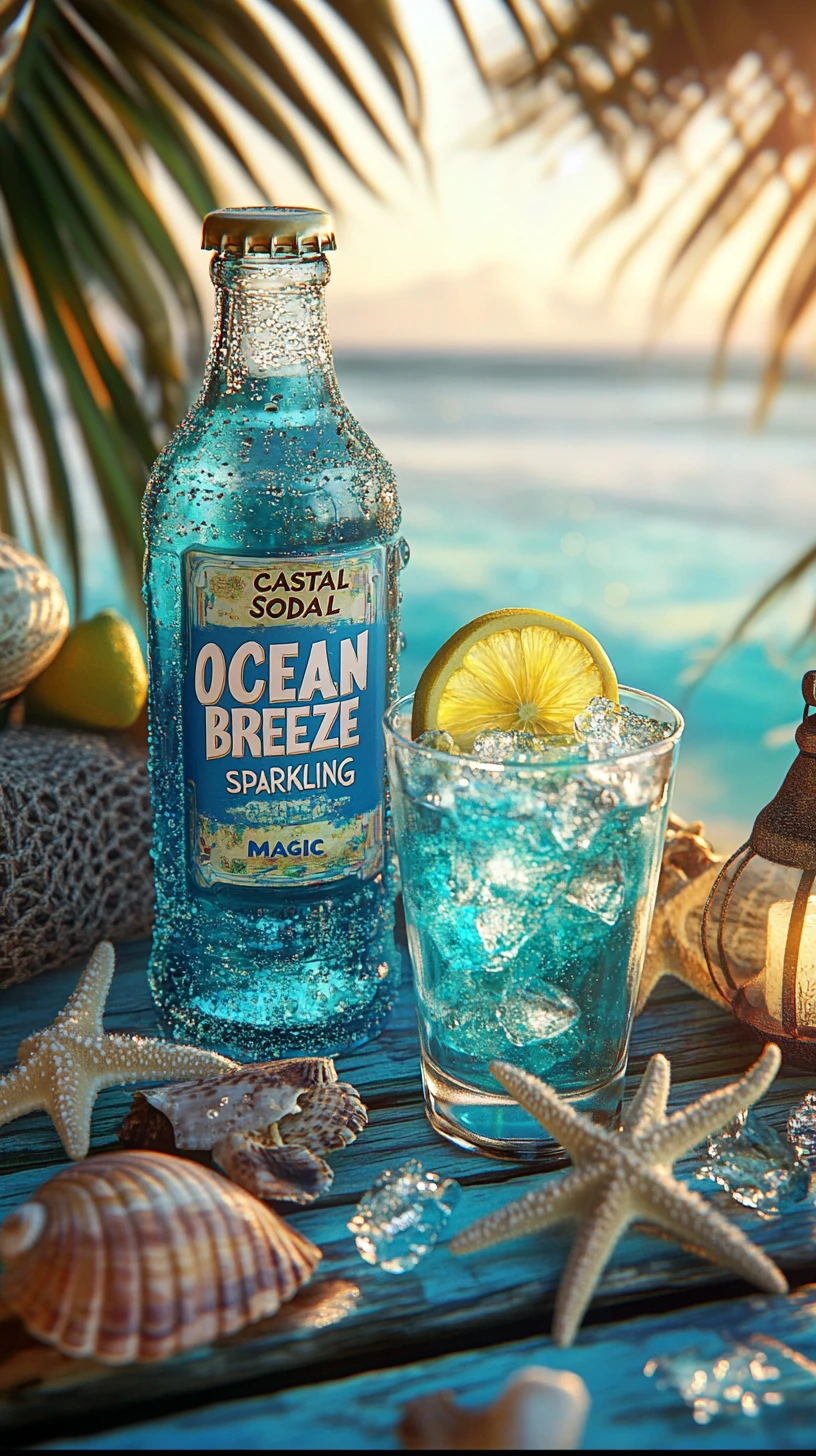 Naturaleza muerta veraniega de refresco costero con bebida azul burbujeante