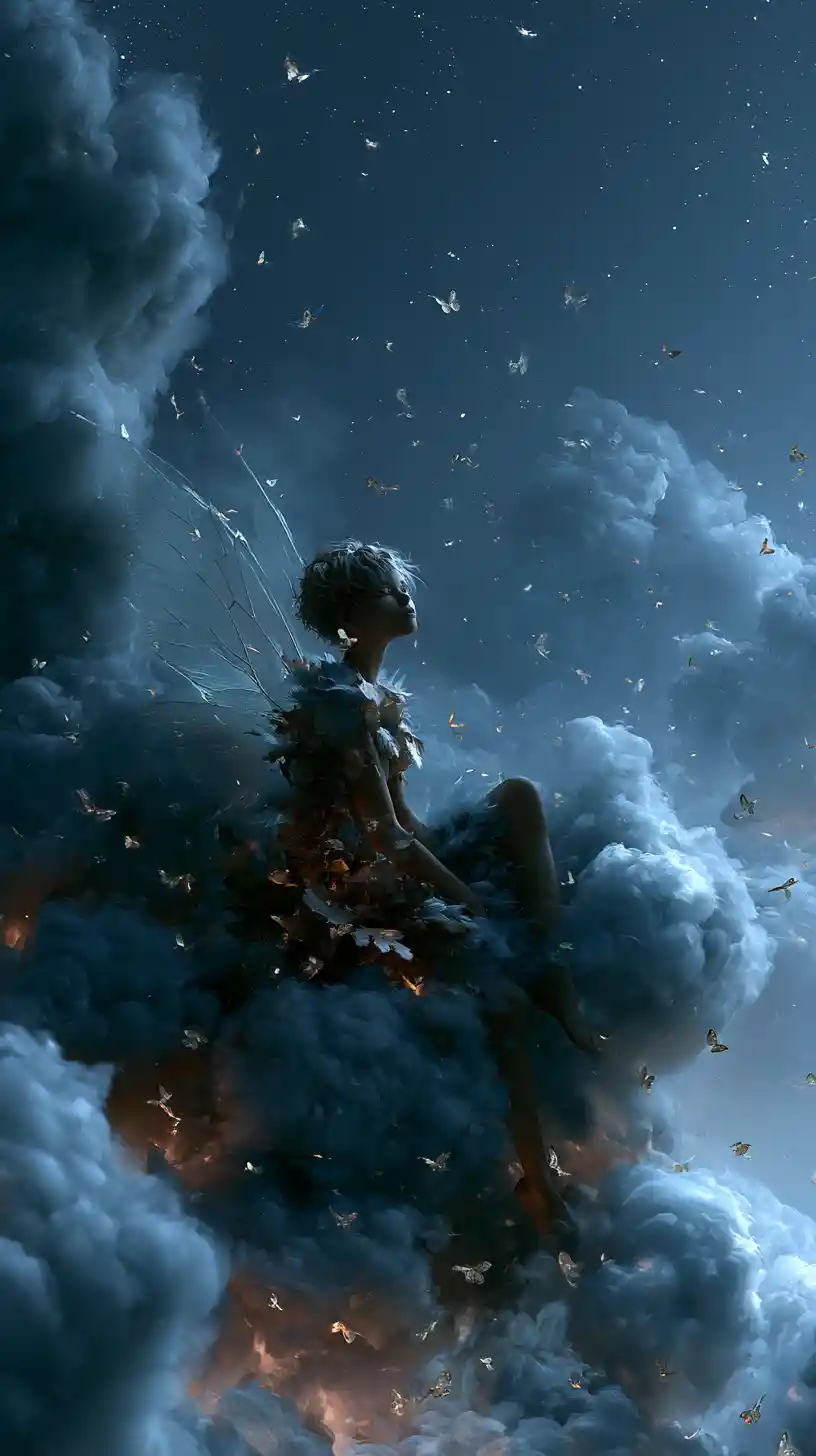 Ethereal fairy girl under a starry sky with butterflies