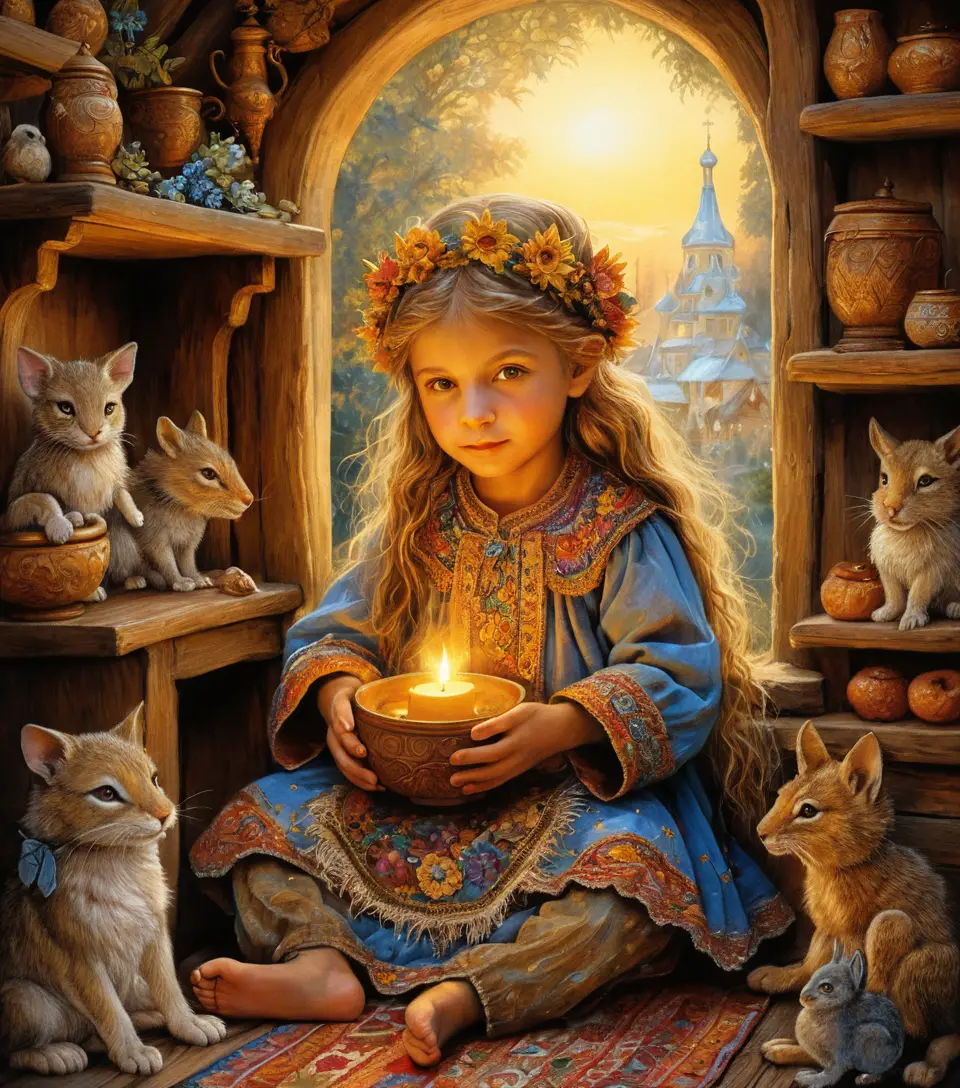 Cheerful house spirit in warm light within a cozy home