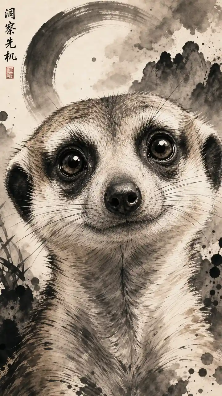 Ink portrait of a cute meerkat with curious expressive eyes