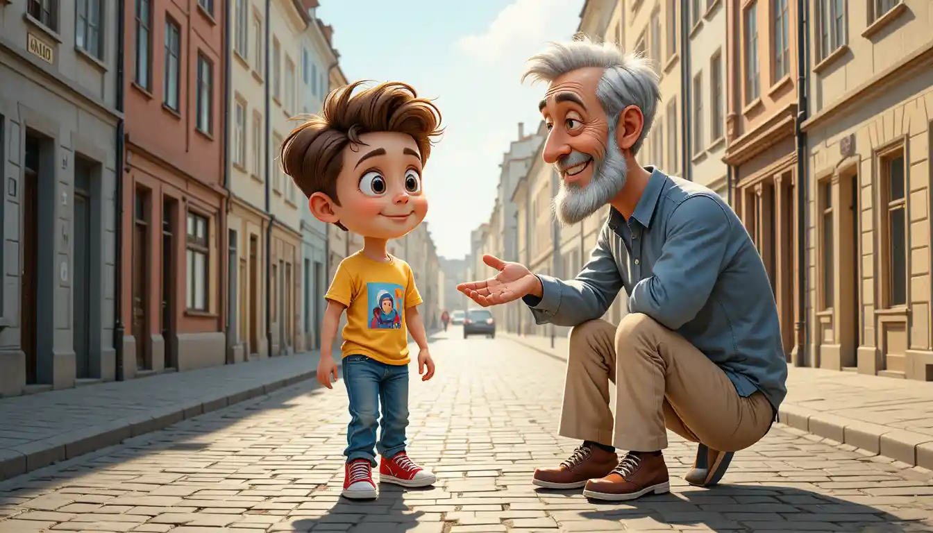 Young boy walking on sunny European cobblestone street