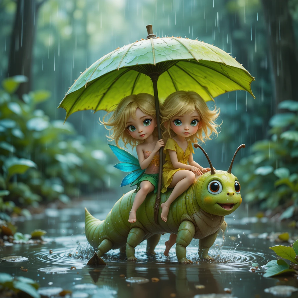 Two fairies ride a caterpillar under a leaf umbrella