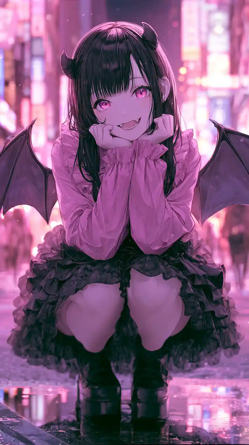 Demon horned anime girl on neon city street