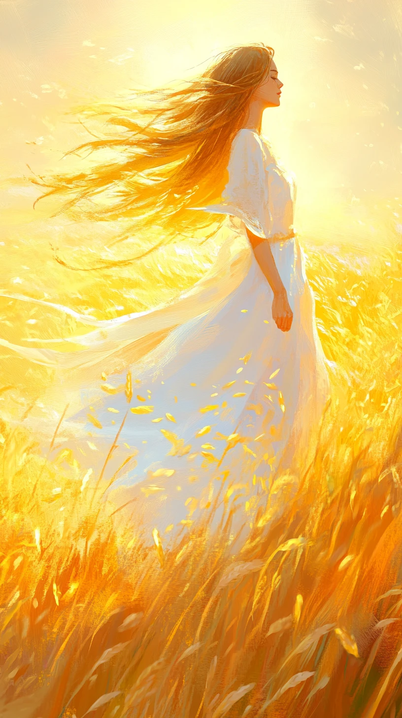 Woman in profile walking through a golden wheat field