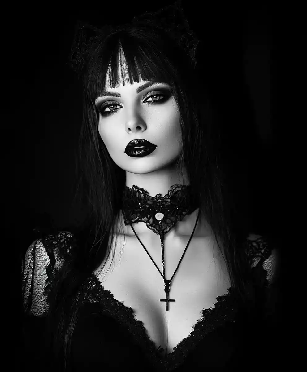 Alluring monochrome goth woman with a striking feminine presence