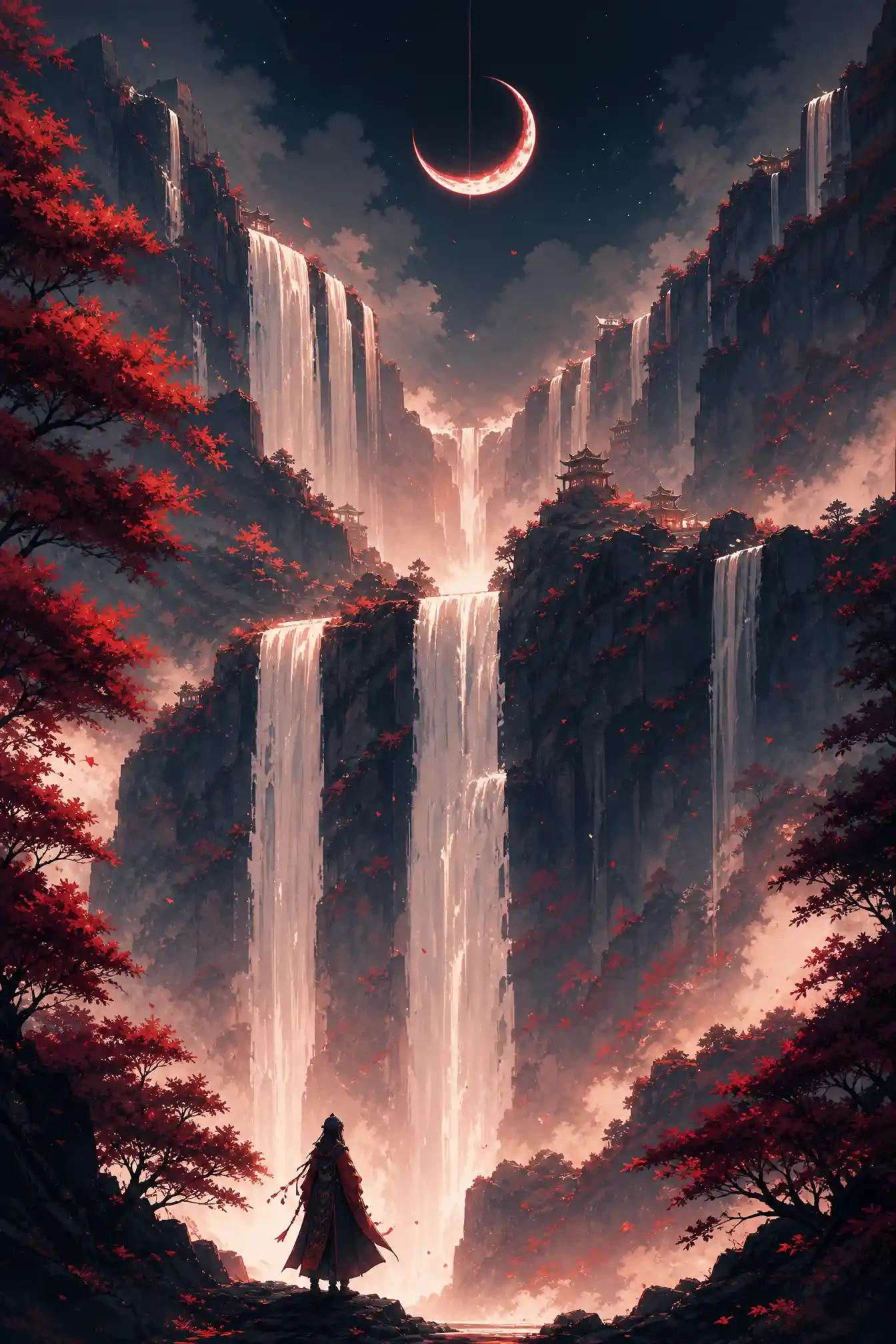 Lone cloaked traveler before towering fantasy waterfalls