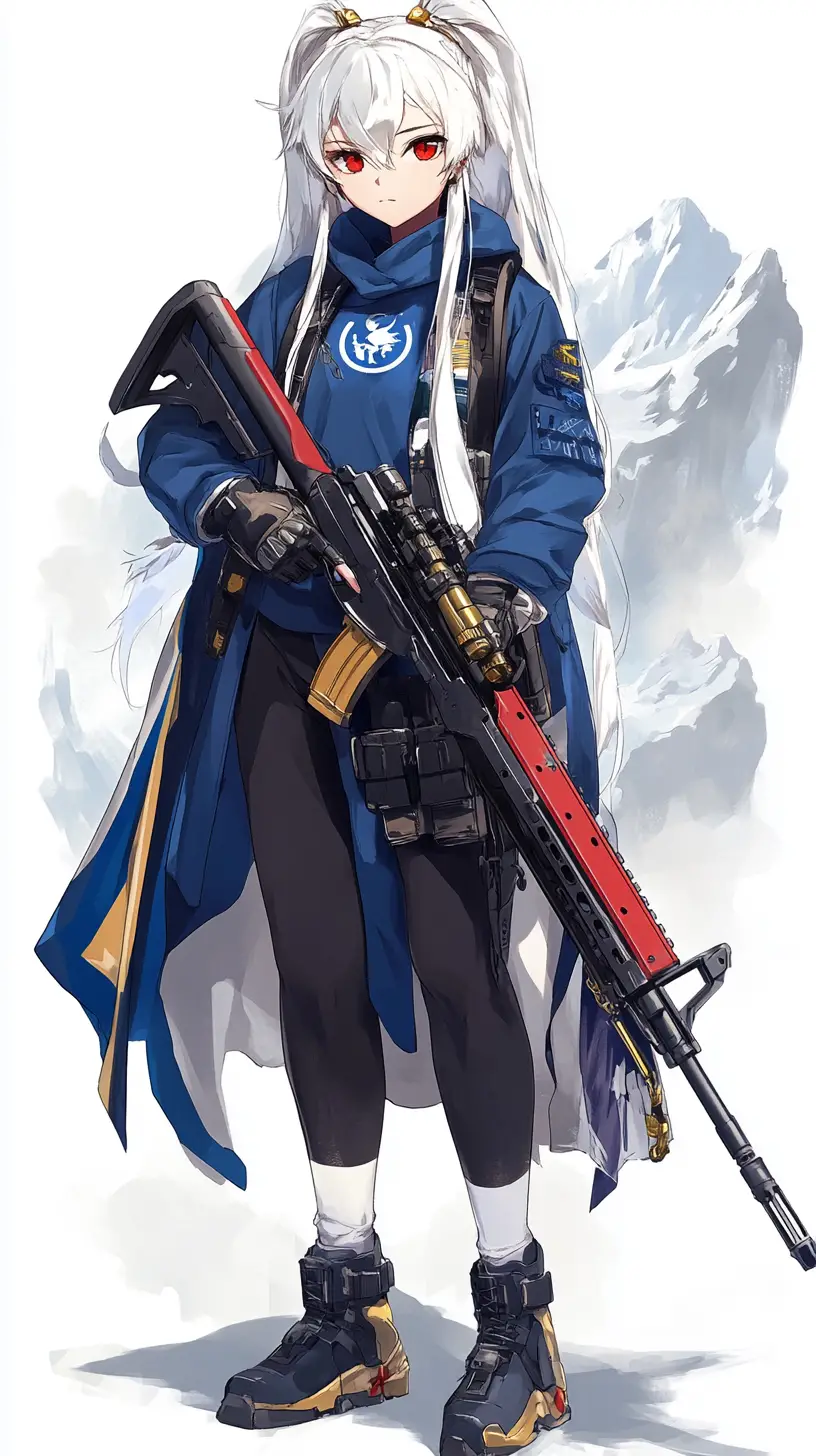 Anime girl with rifle in long black coat and blue shirt