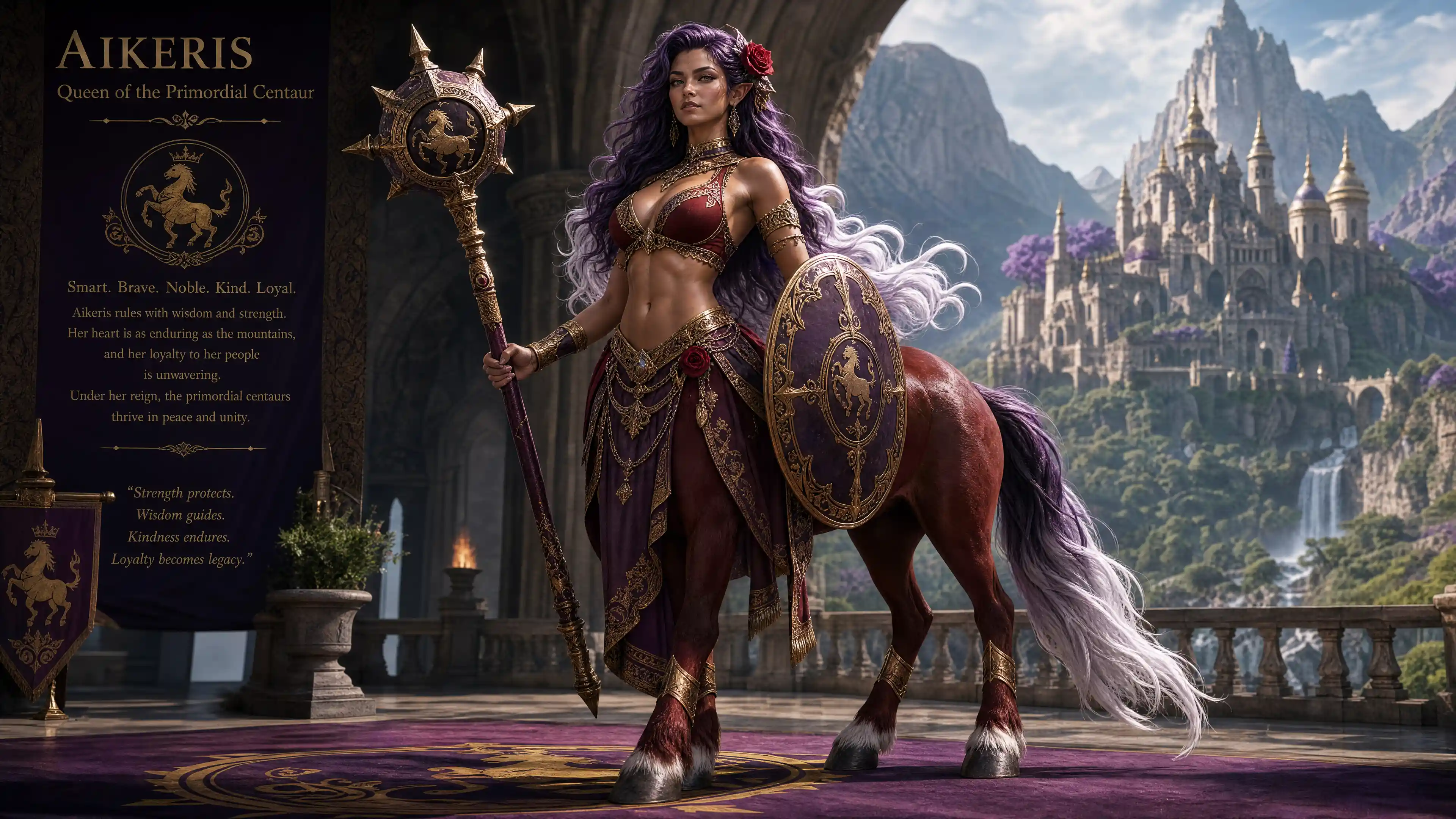 Regal primordial centaur queen with violet hair and mace
