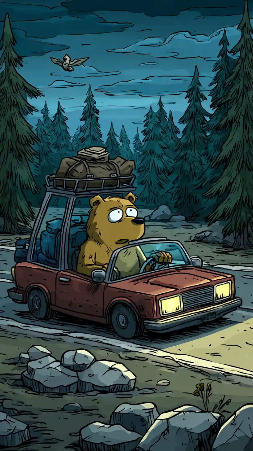 Brown bear driving a red retro car on forest road